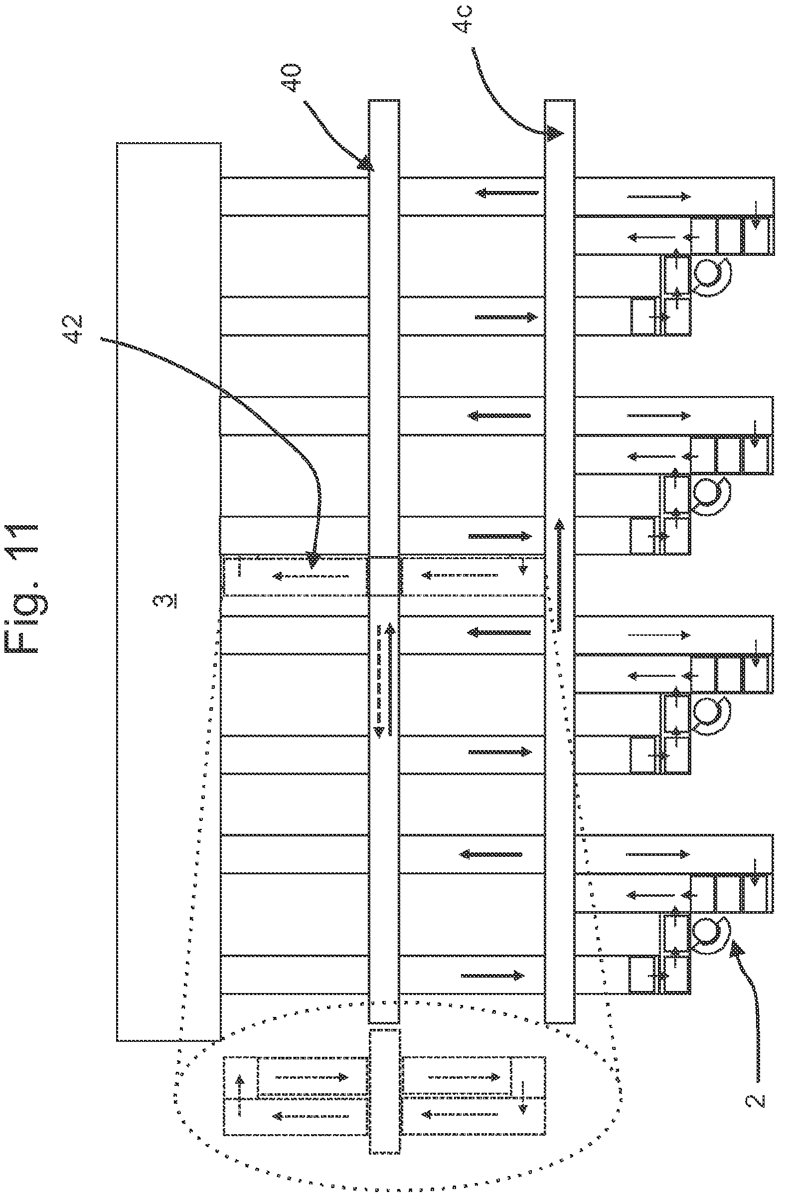 Patent US12583680 Figure 11 – Warehouse for order fulfilment with a product storage and at least one order fulfillment area