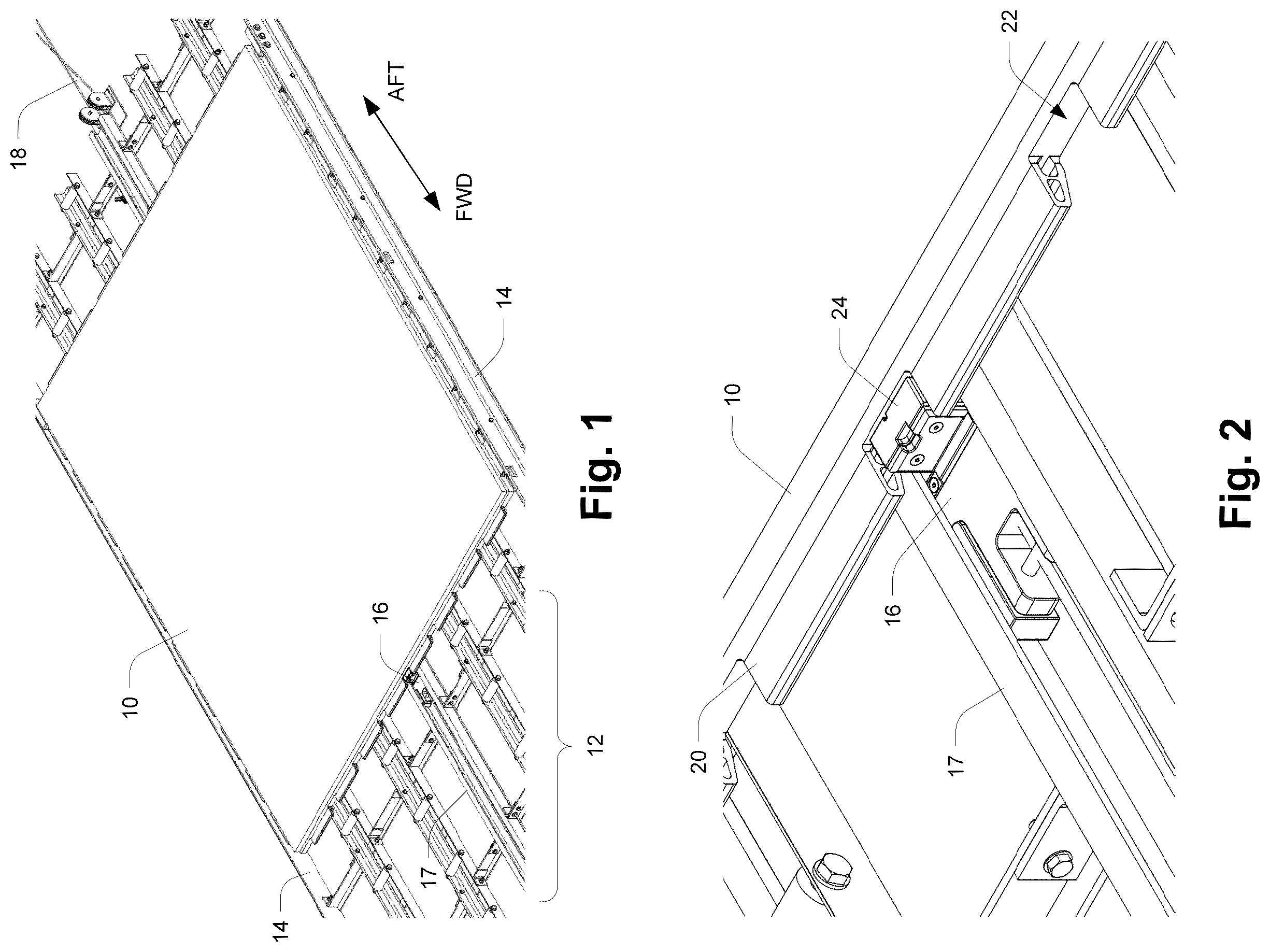 Patent US12583686 Figure 1 – Roller-and-rail cargo handling system with pallet-moving trolley