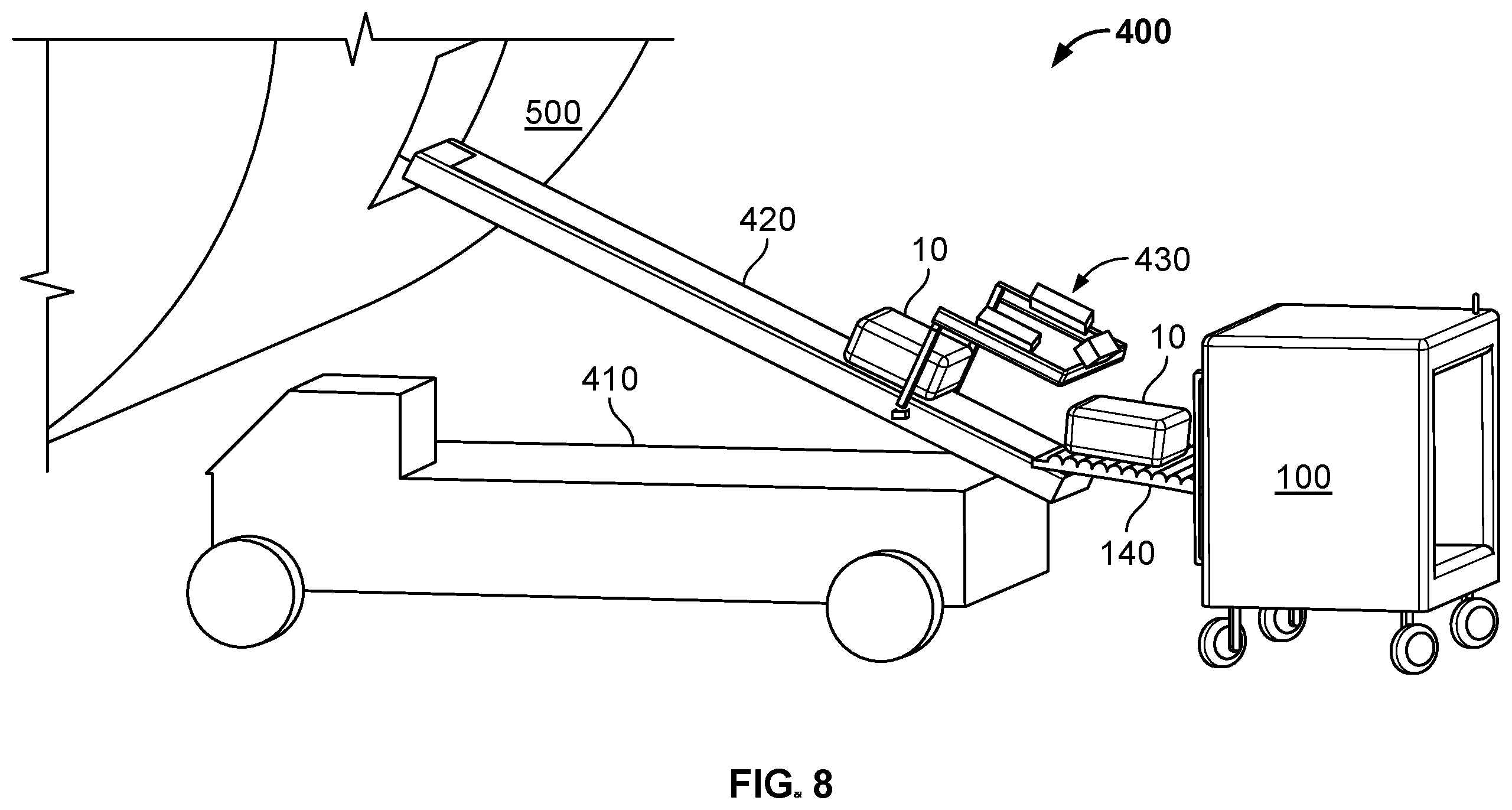 Patent US12583690 Figure 8 – Automated baggage handling carts and systems