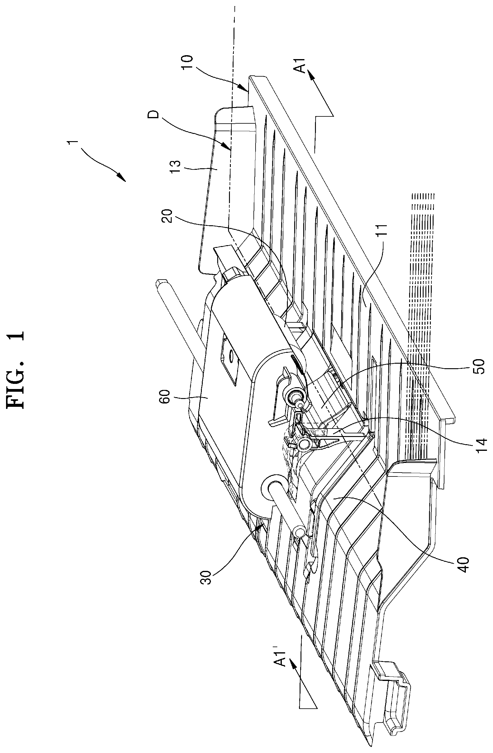 Patent US12583696 — Document feed device with ascendable document guide member — Figure 1