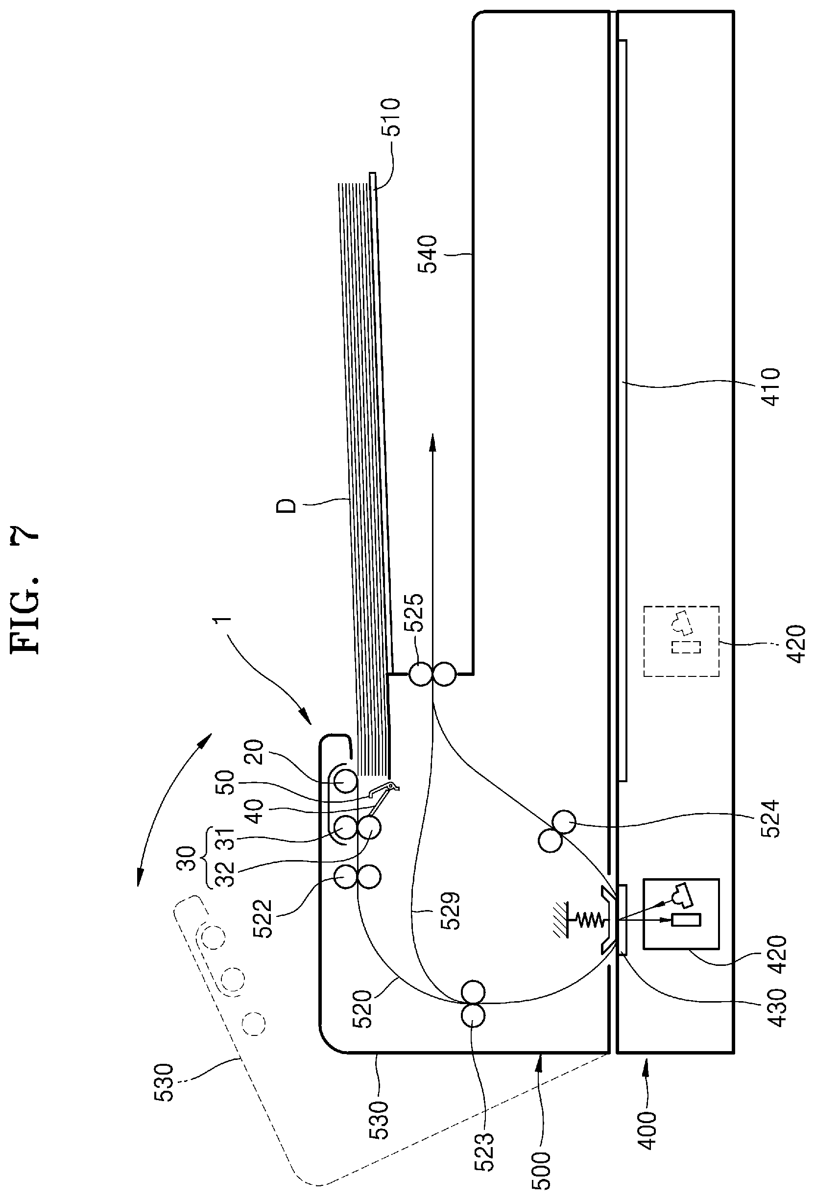 Patent US12583696 Figure 5 – Document feed device with ascendable document guide member