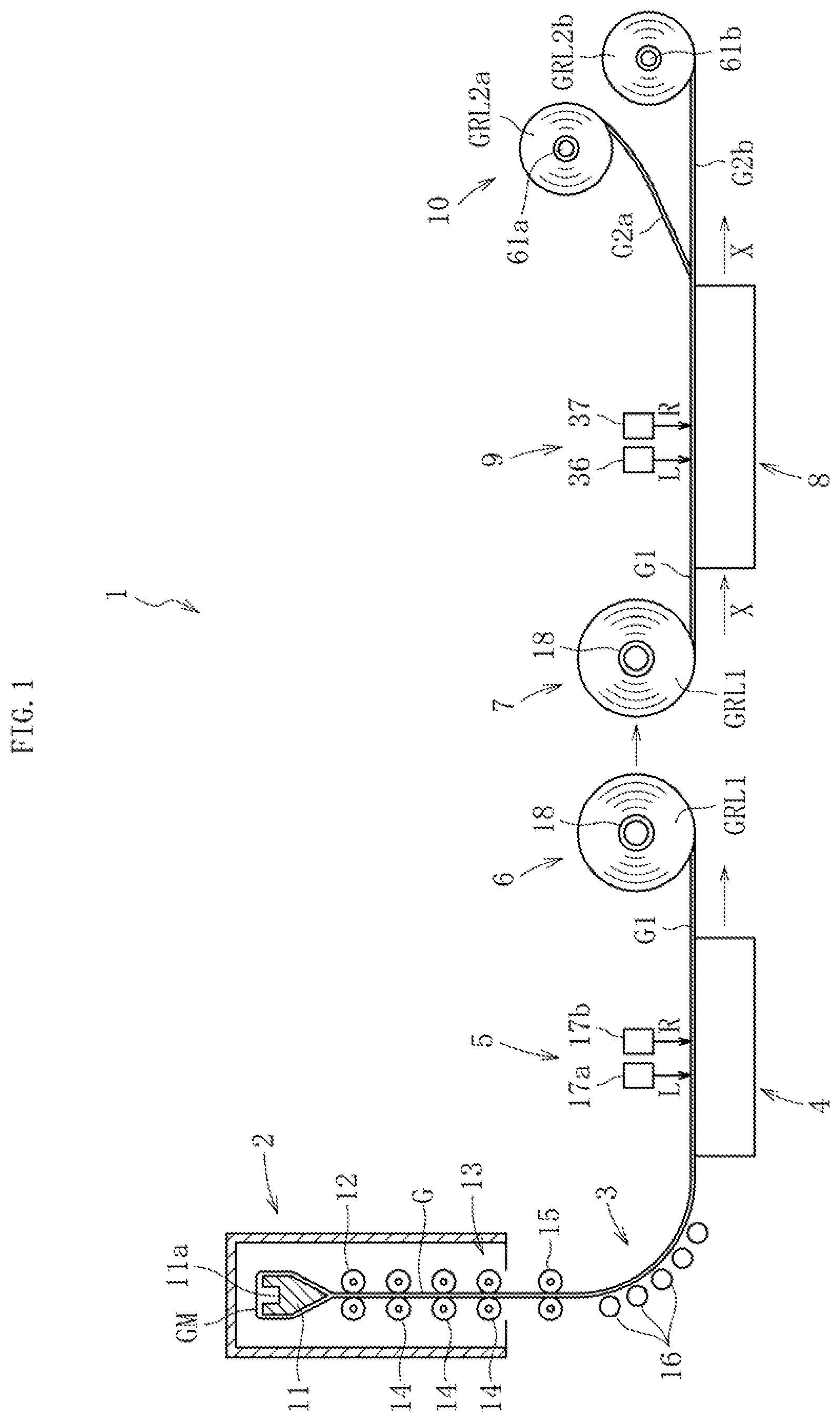 Patent US12583781 — Glass film production method, glass roll production method, and glass film production device — Figure 1