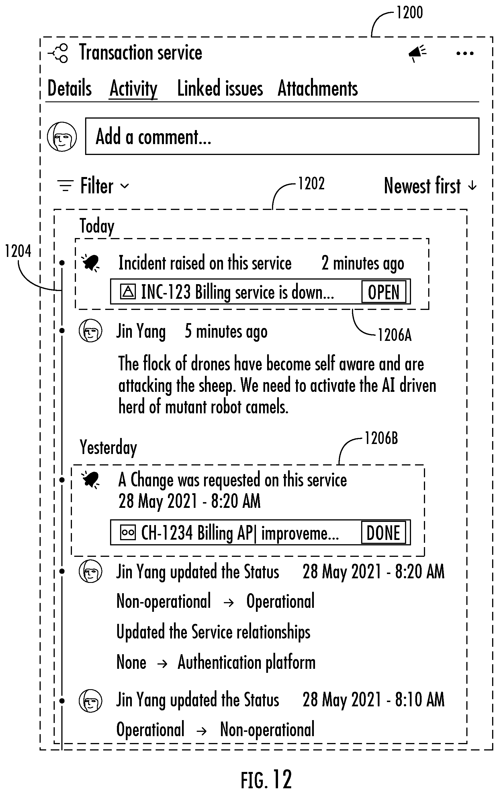 Patent US12586009 Figure 12 – Methods, apparatuses and computer program products for generating an incident and change management user interface