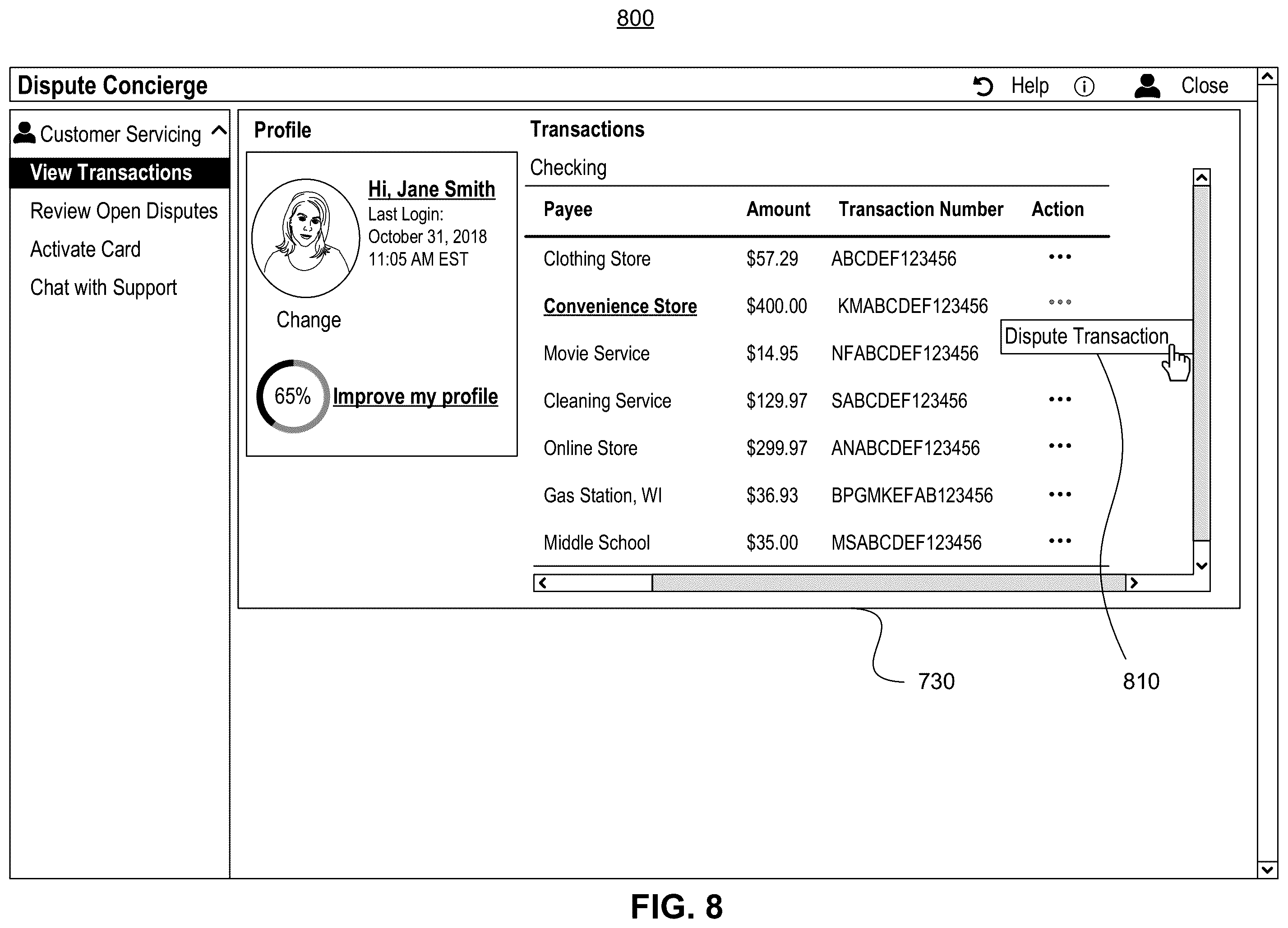 Patent US12586076 Figure 8 – Systems and methods for processing transaction disputes and processing transactions associated with compromised accounts