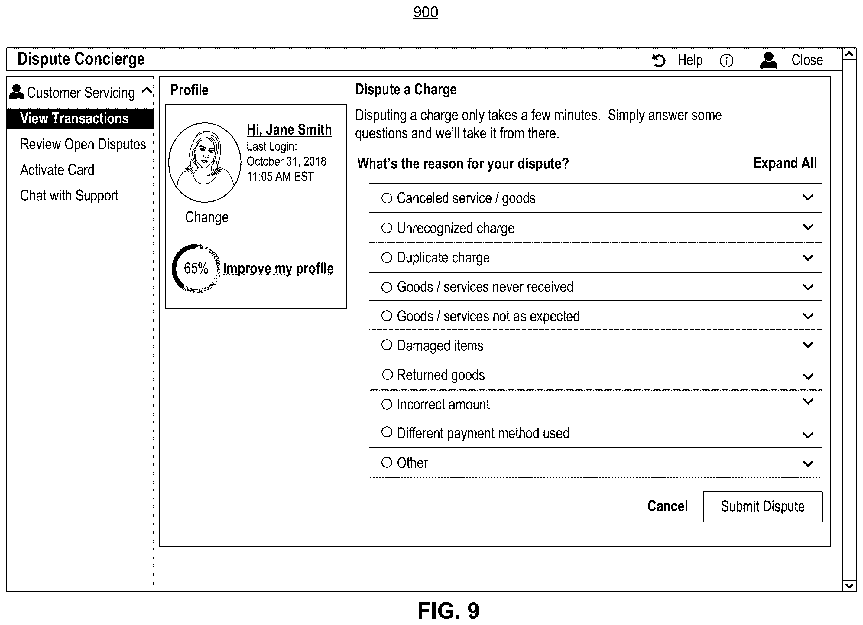 Patent US12586076 Figure 9 – Systems and methods for processing transaction disputes and processing transactions associated with compromised accounts