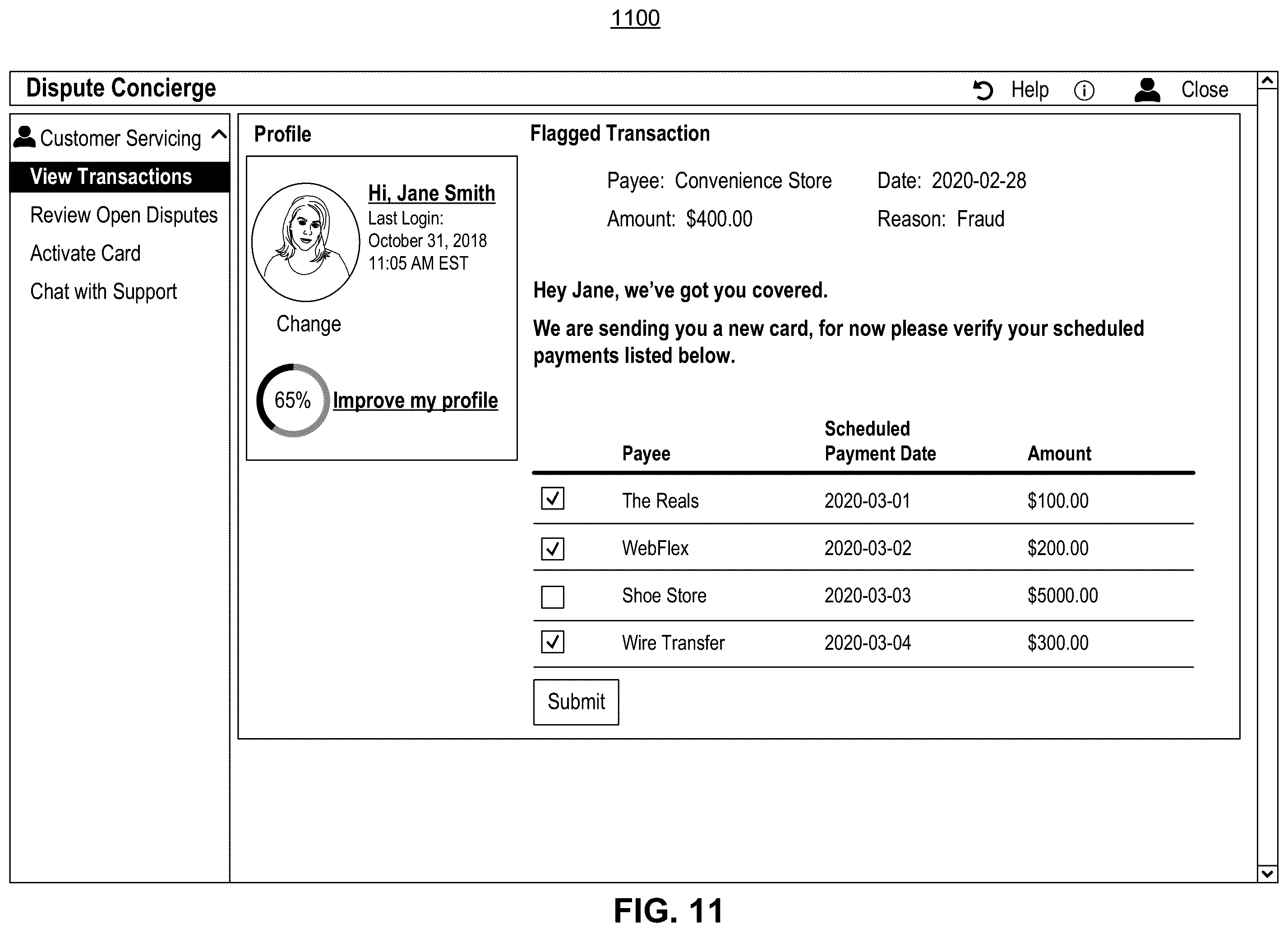 Patent US12586076 Figure 11 – Systems and methods for processing transaction disputes and processing transactions associated with compromised accounts