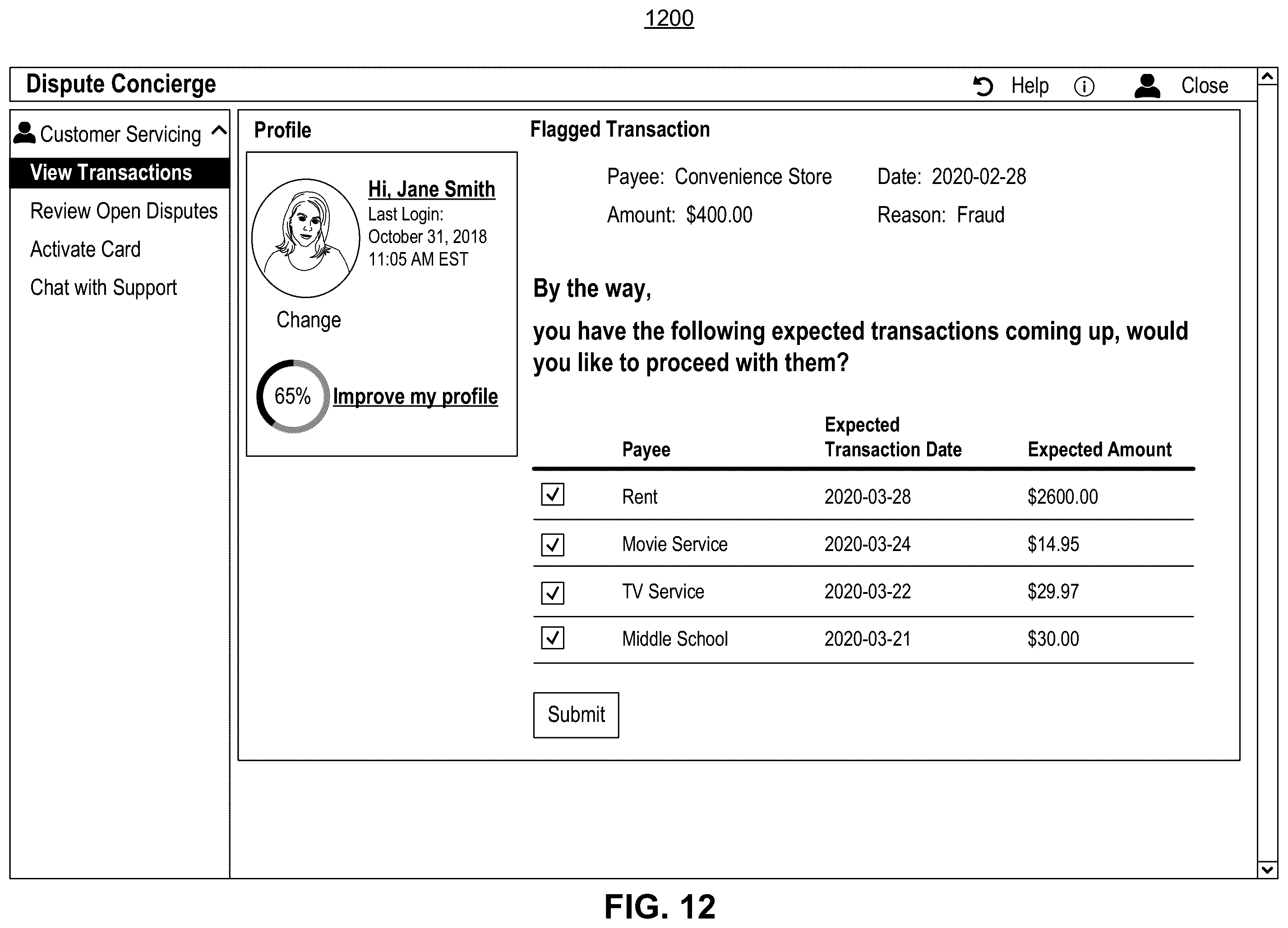 Patent US12586076 Figure 12 – Systems and methods for processing transaction disputes and processing transactions associated with compromised accounts