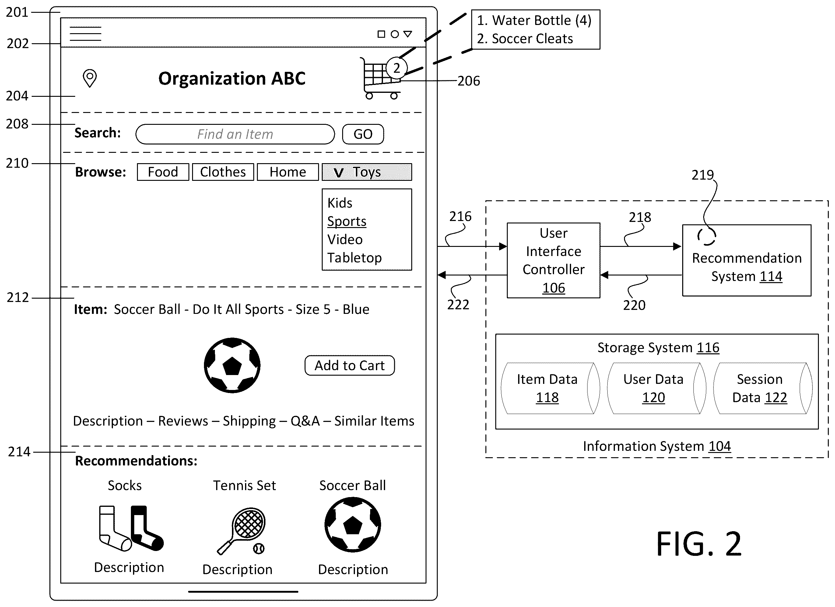 Patent US12586117 Figure 2 – Methods and system for automatic population of item recommendations in retail website in response to item selections