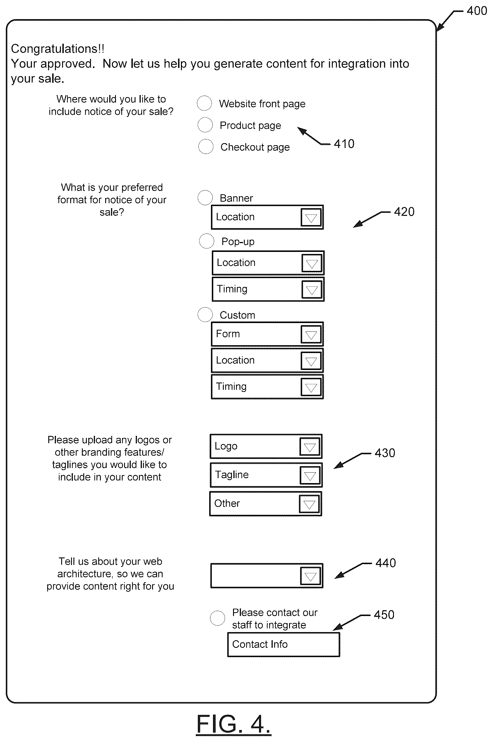 Patent US12586132 Figure 4 – Method and apparatus for facilitating merchant self service with respect to financing and content support for marketing events