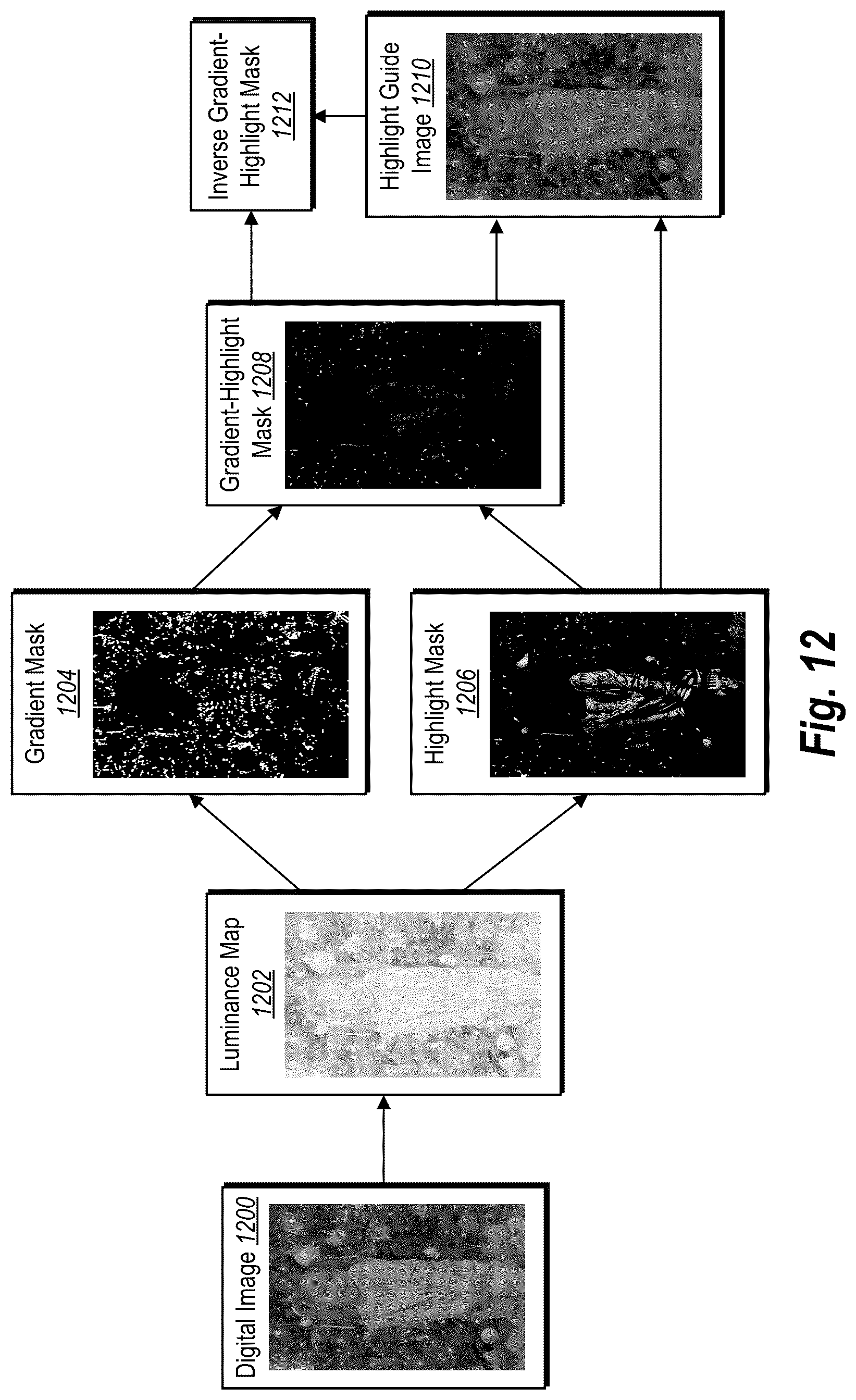 Patent US12586163 Figure 12 – Interactively refining a digital image depth map for non destructive synthetic lens blur