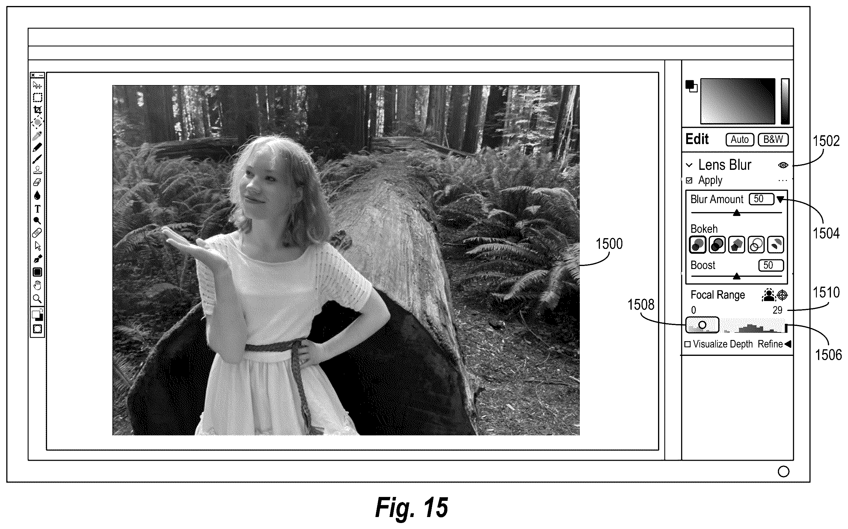 Patent US12586163 Figure 15 – Interactively refining a digital image depth map for non destructive synthetic lens blur