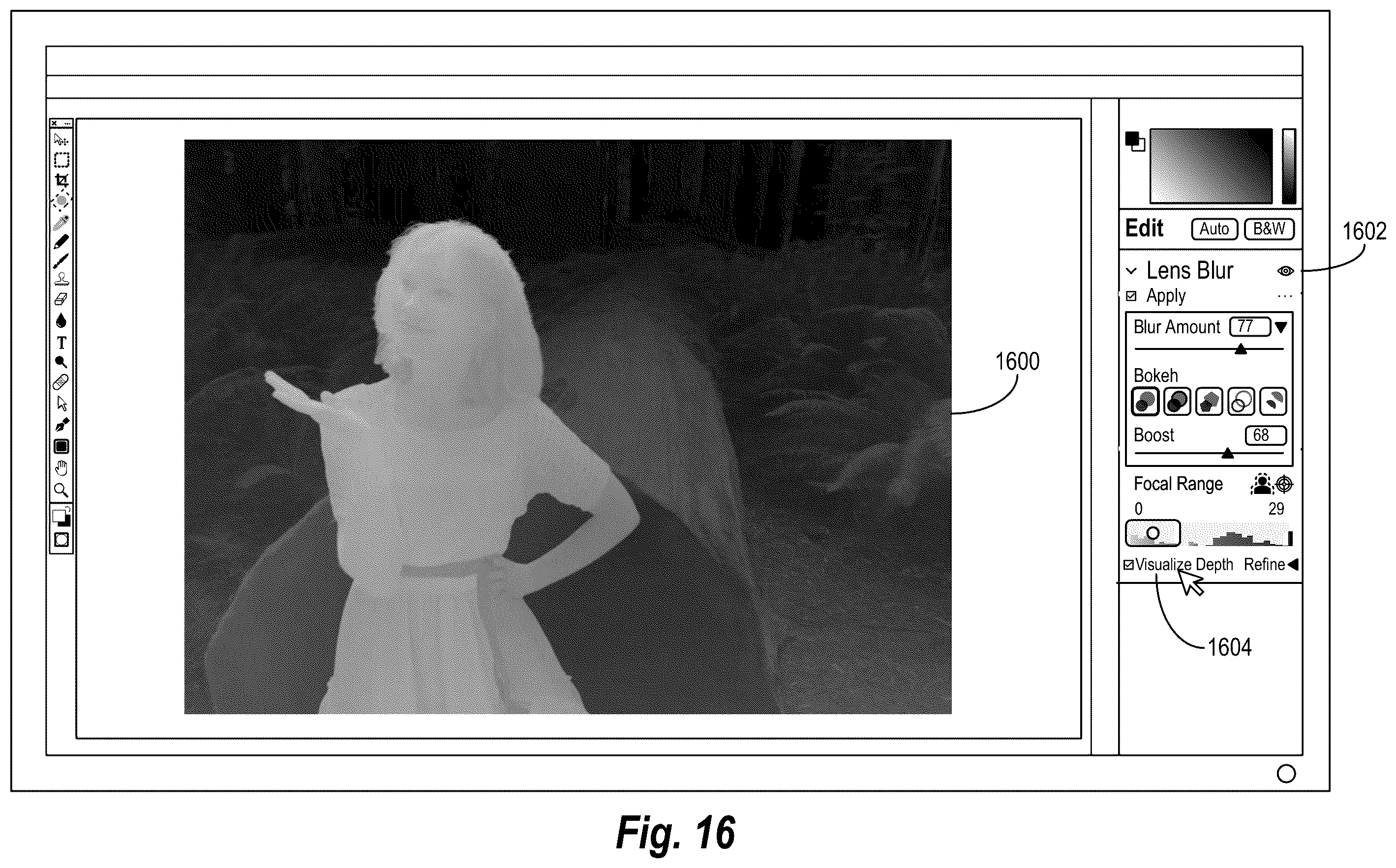 Patent US12586163 Figure 16 – Interactively refining a digital image depth map for non destructive synthetic lens blur