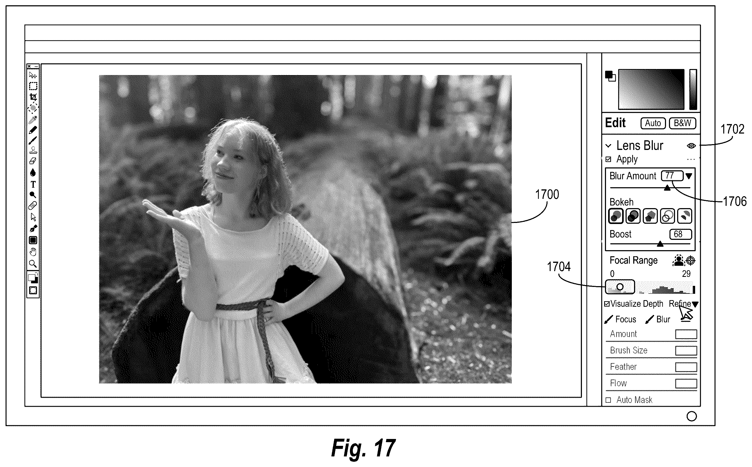 Patent US12586163 Figure 17 – Interactively refining a digital image depth map for non destructive synthetic lens blur