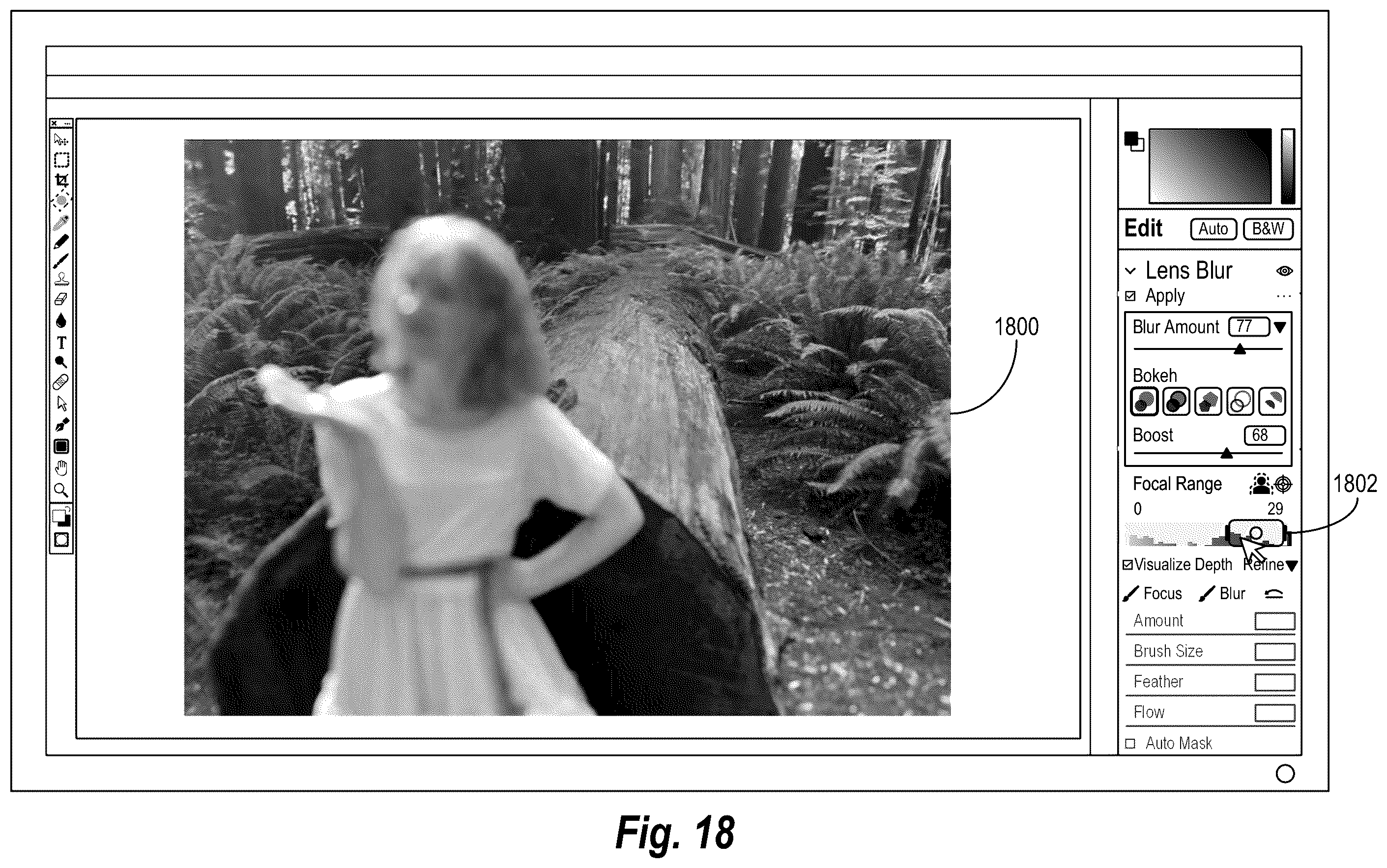 Patent US12586163 Figure 18 – Interactively refining a digital image depth map for non destructive synthetic lens blur