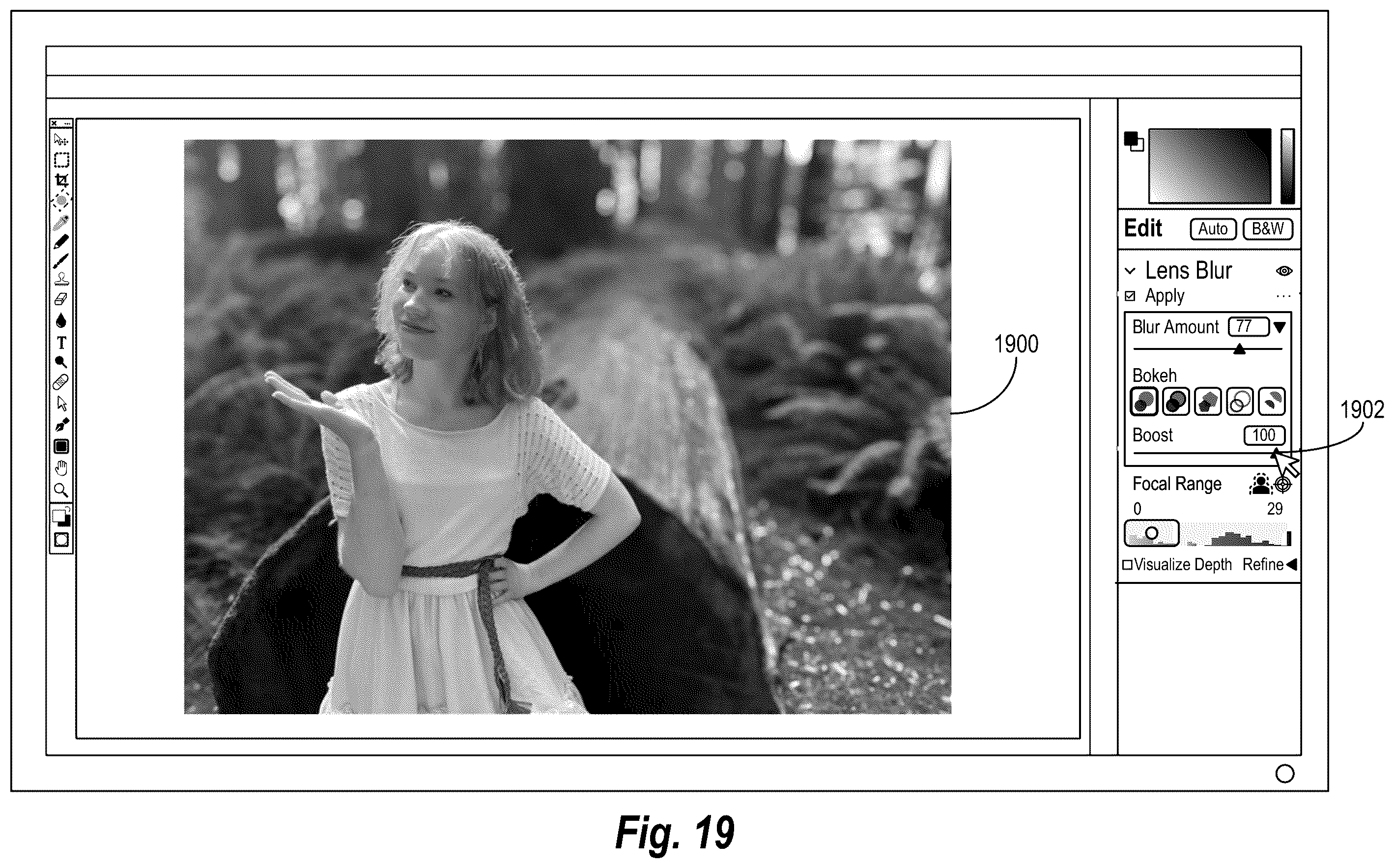 Patent US12586163 Figure 19 – Interactively refining a digital image depth map for non destructive synthetic lens blur