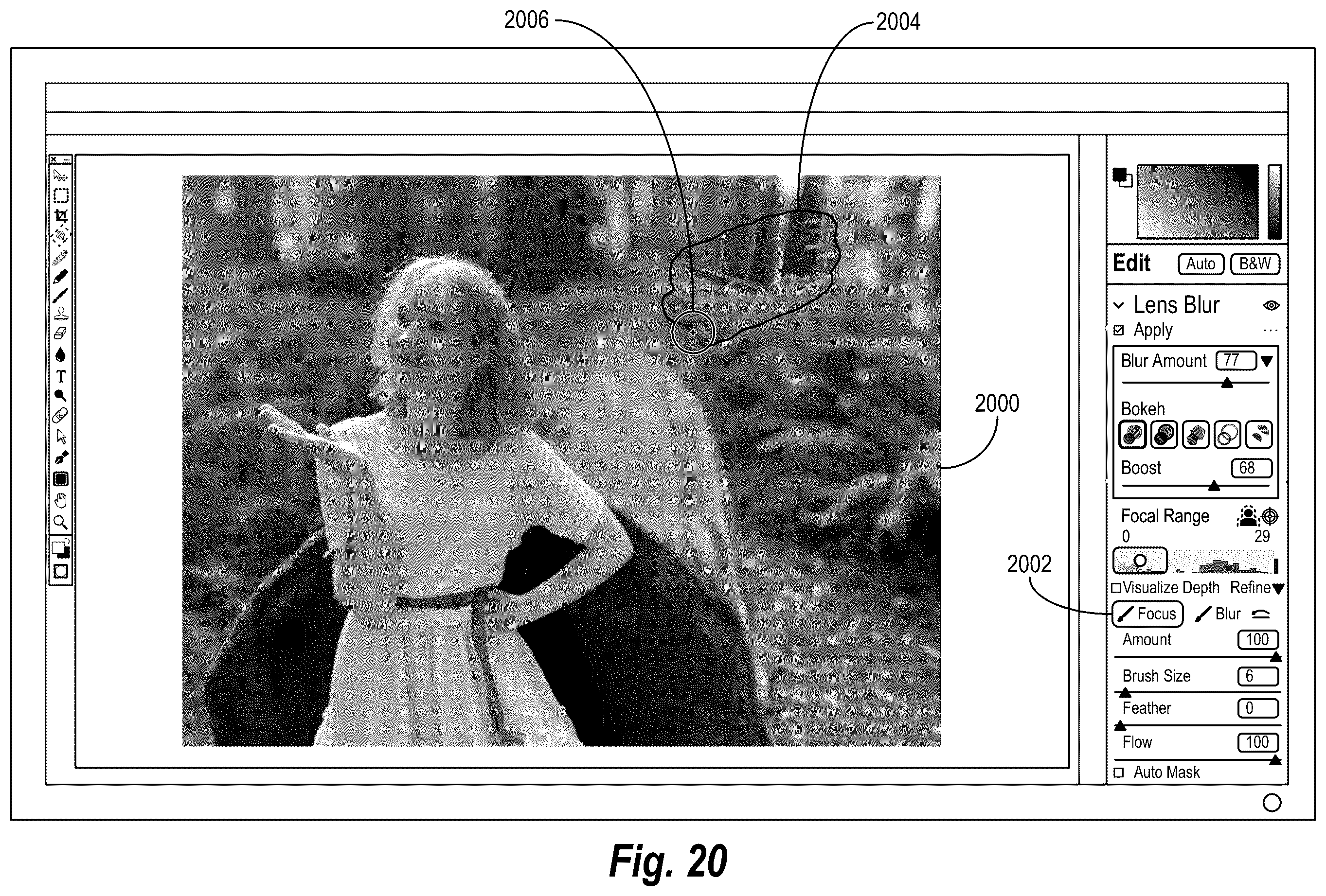 Patent US12586163 Figure 20 – Interactively refining a digital image depth map for non destructive synthetic lens blur