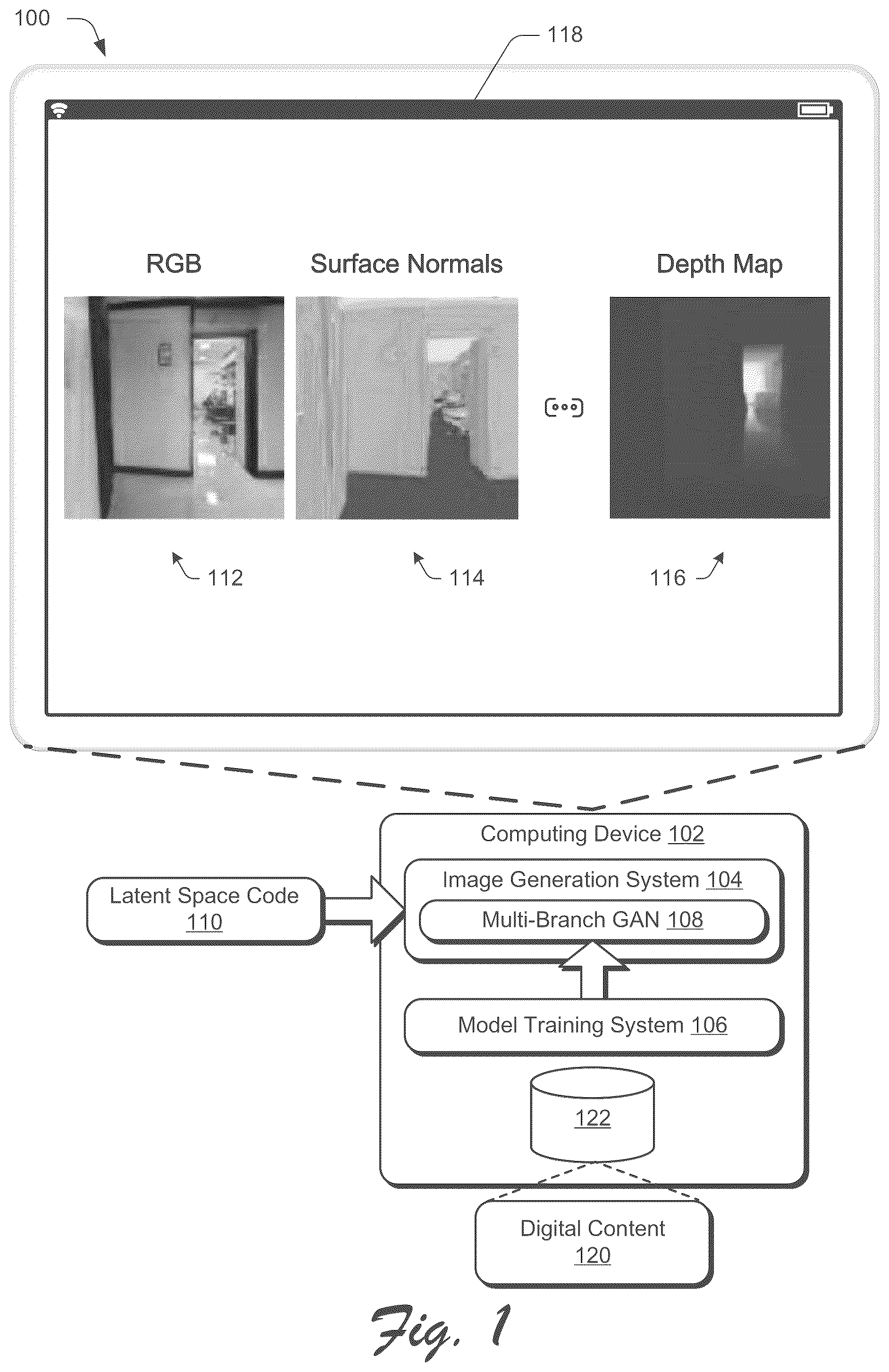 Patent US12586344 Figure 1 – Generative model for multi-modality outputs from a single input
