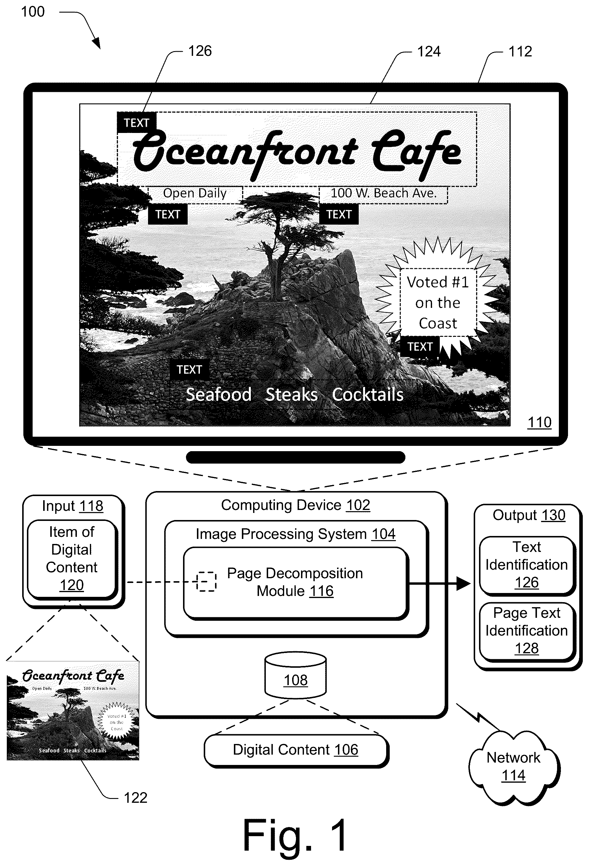 Patent US12586389 Figure 1 – Text identification in layered digital content