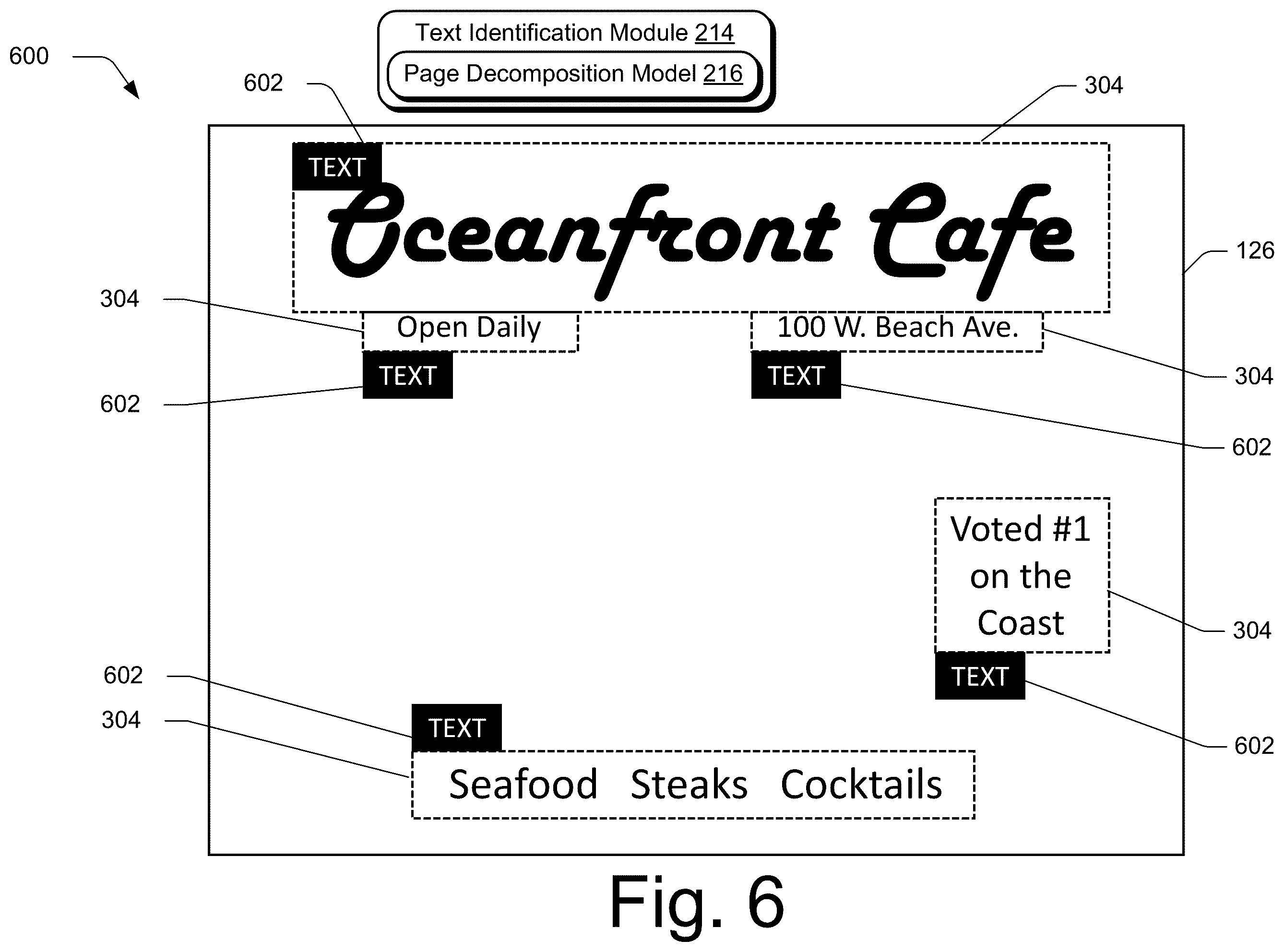 Patent US12586389 Figure 6 – Text identification in layered digital content