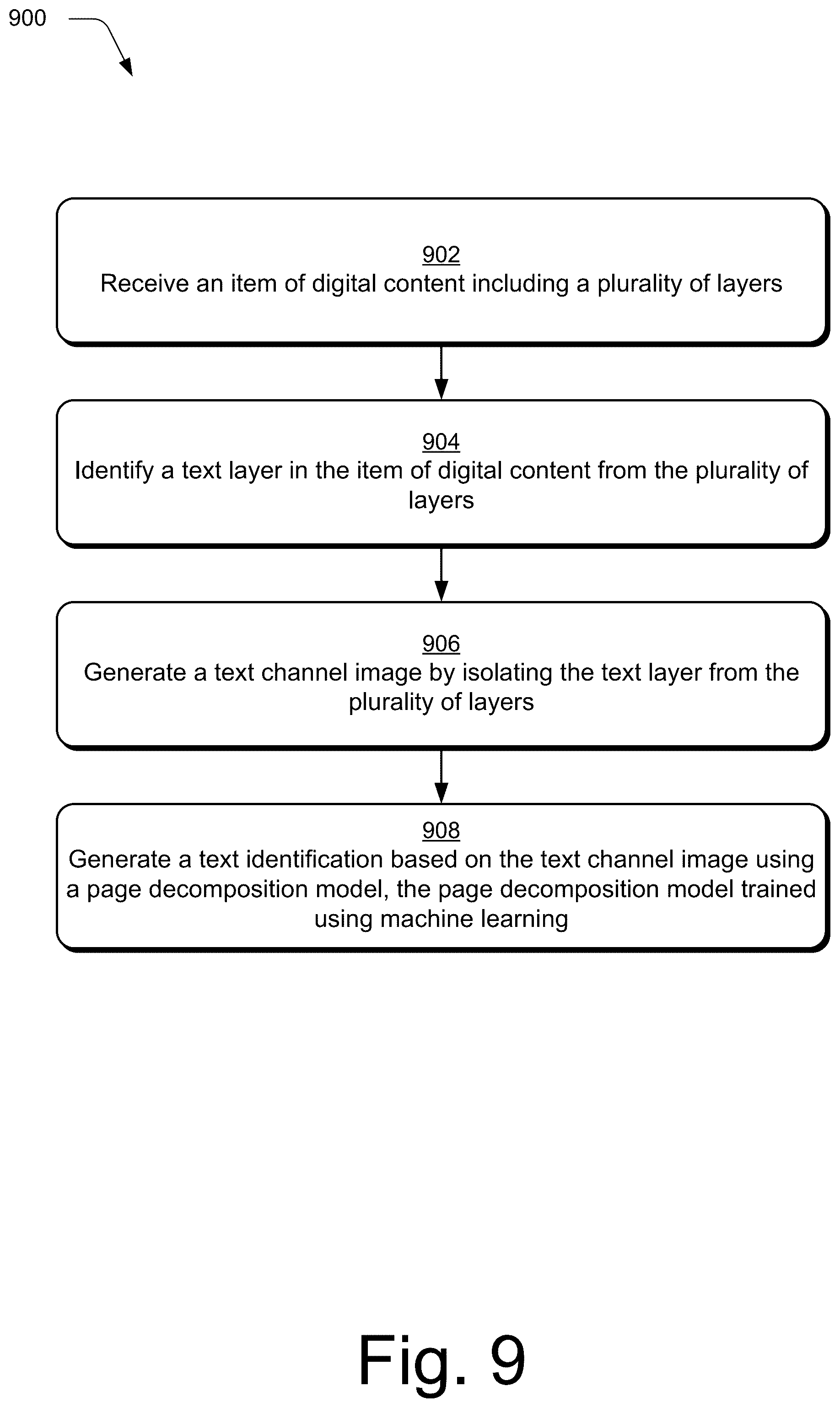 Patent US12586389 Figure 9 – Text identification in layered digital content