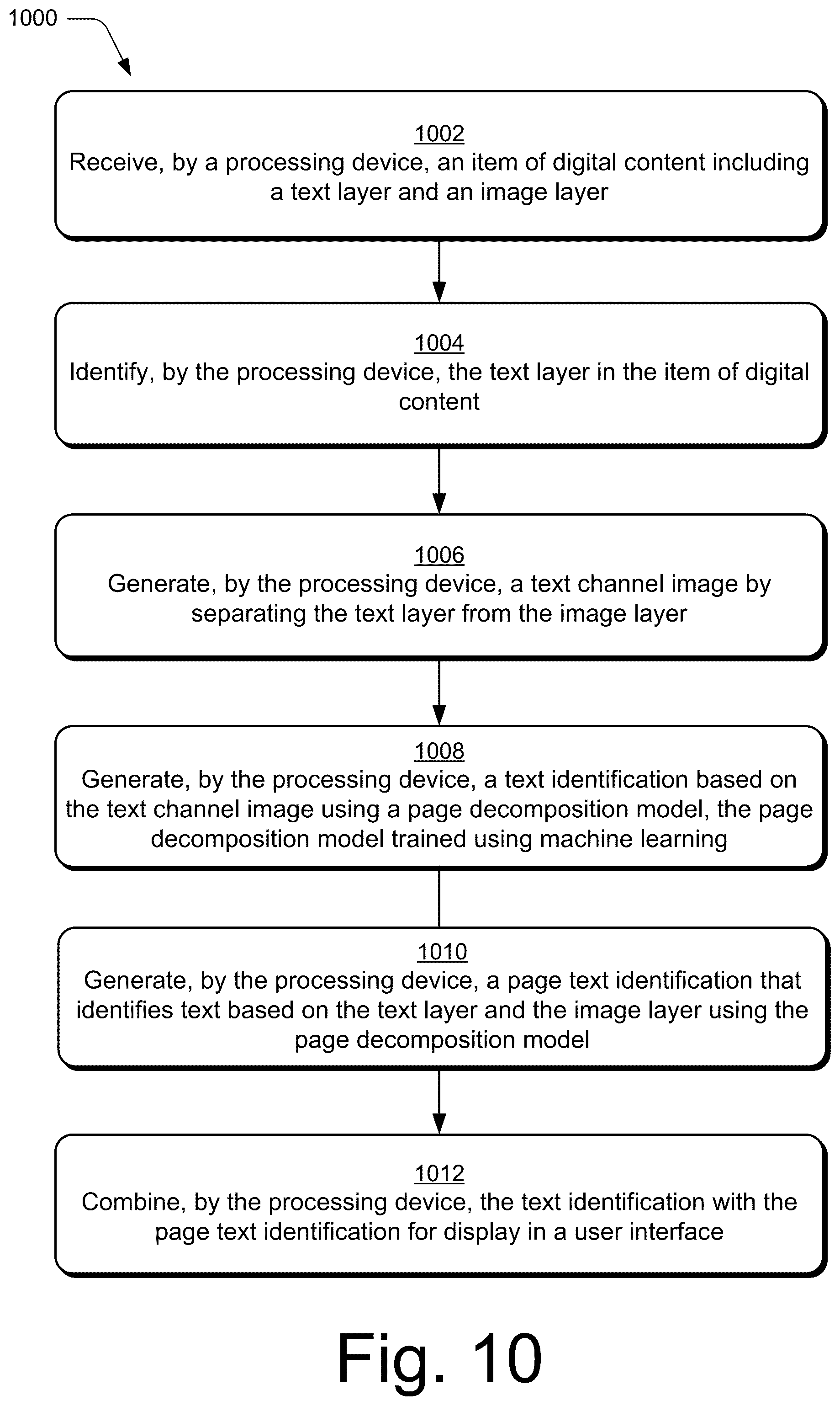 Patent US12586389 Figure 10 – Text identification in layered digital content