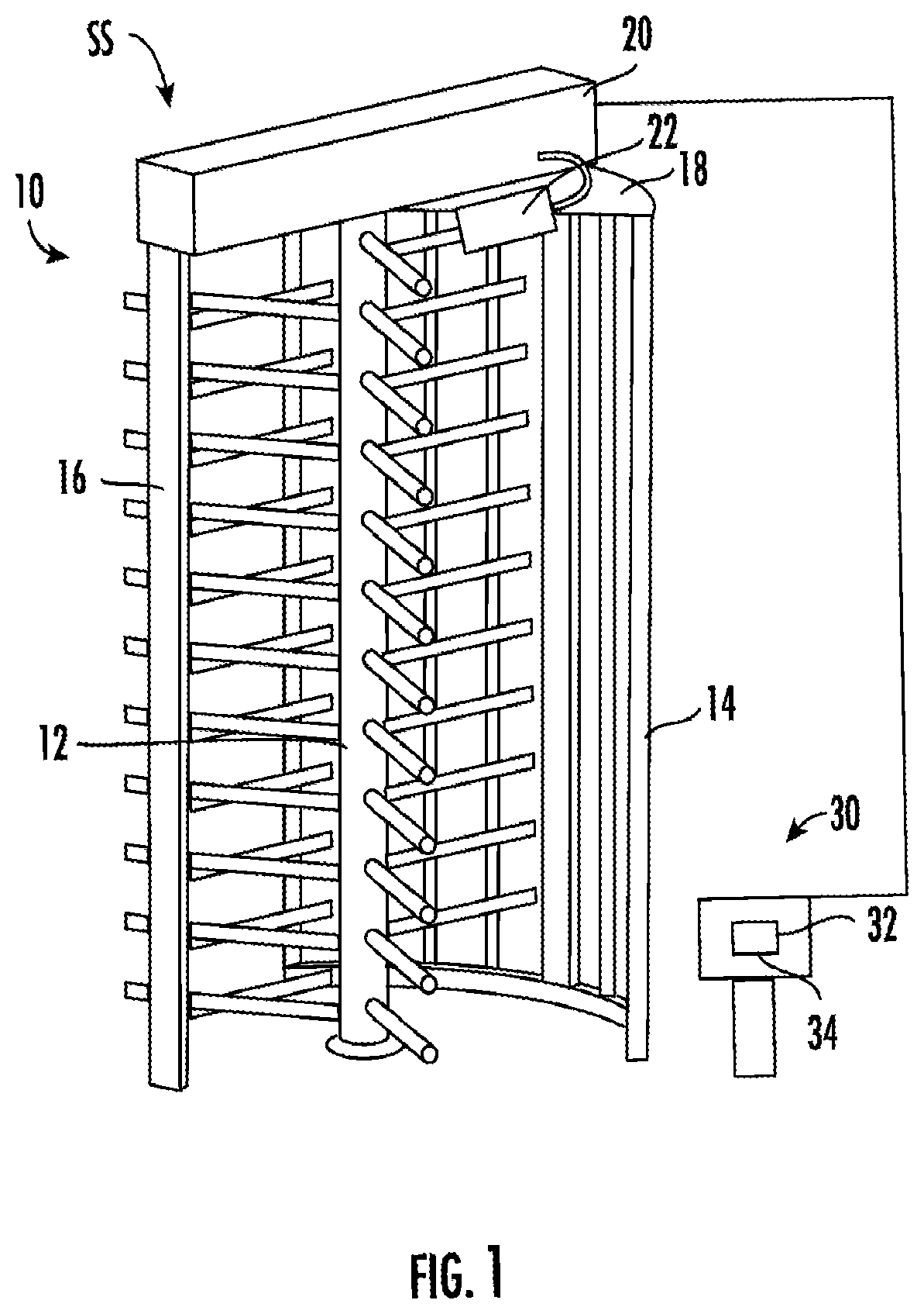 Patent US12586432 — Separation systems, tailgating and piggybacking detection devices, and related computer program products for controlling access to a restricted area and related methods — Figure 1