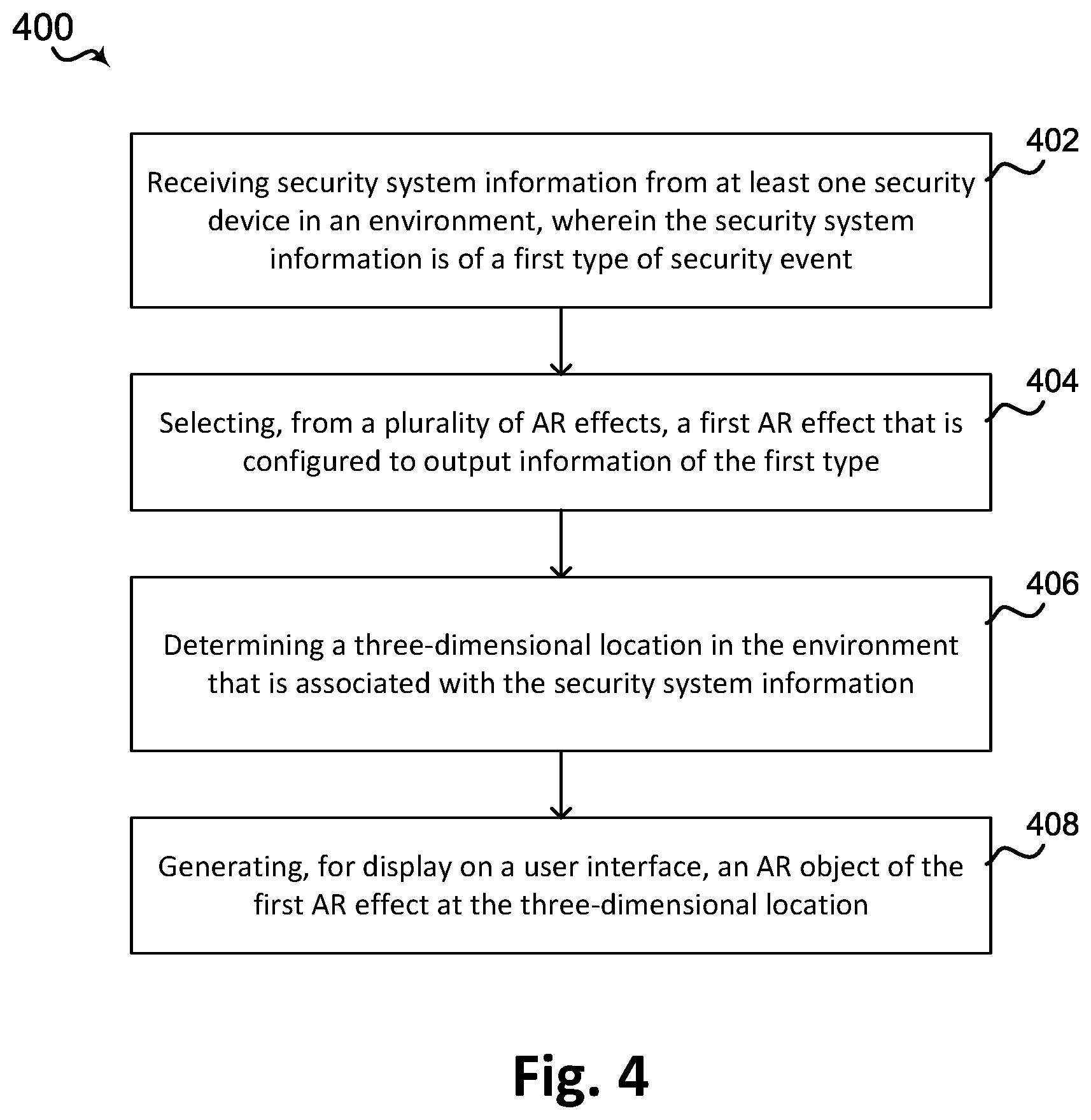Patent US12586456 Figure 4 – Systems and methods for providing security system information using augmented reality effects