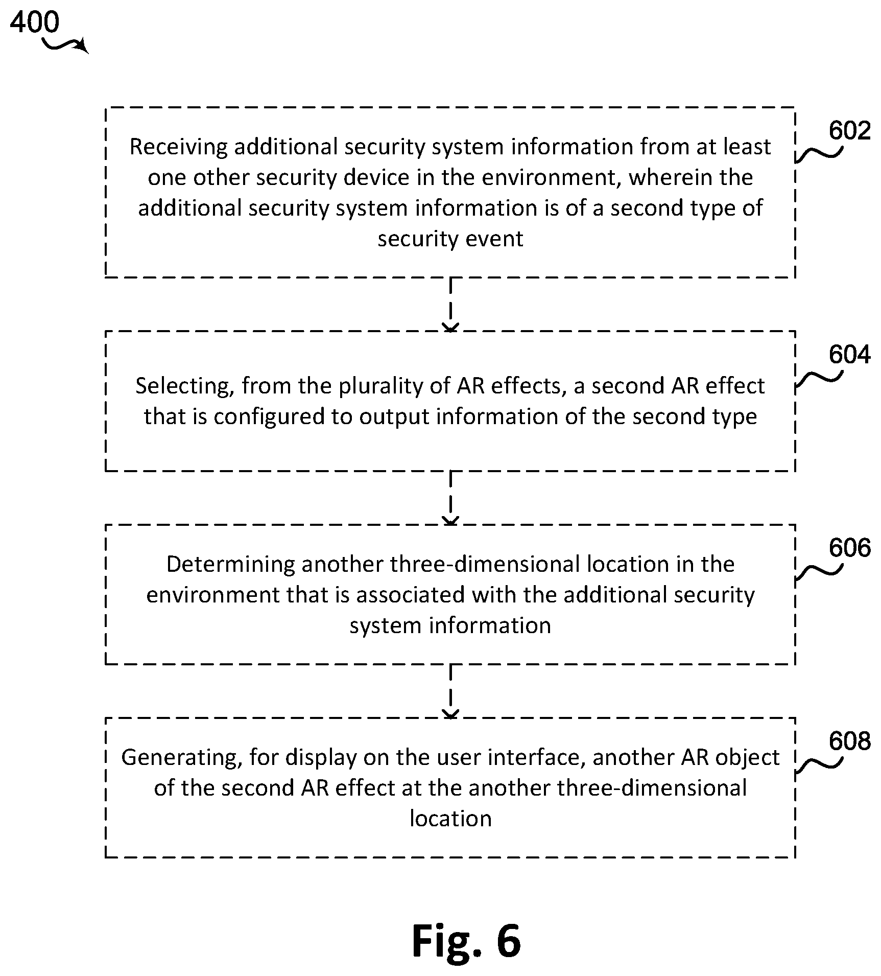 Patent US12586456 Figure 6 – Systems and methods for providing security system information using augmented reality effects