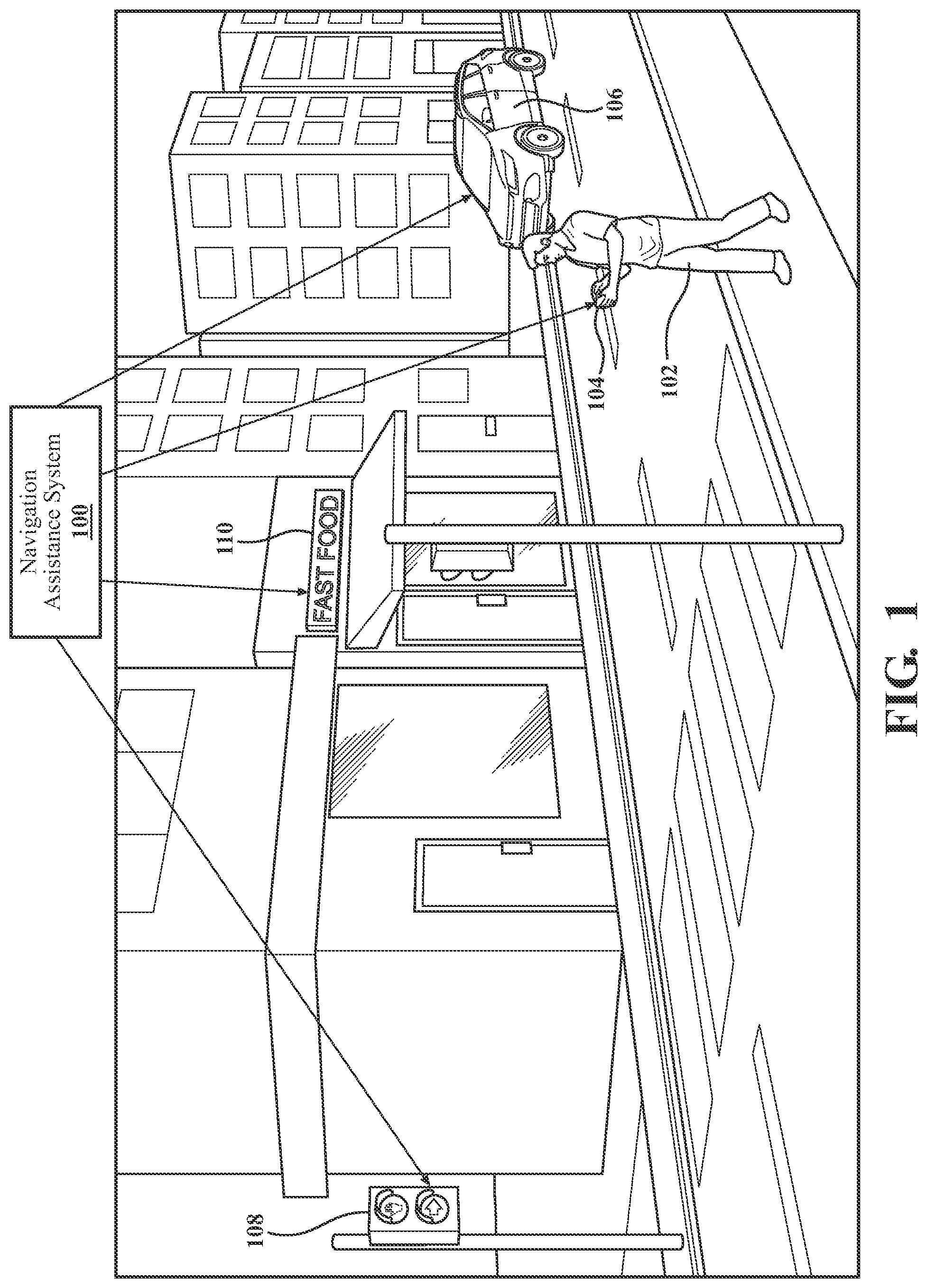 Patent US12586458 Figure 1 – Systems and methods for external display-based pedestrian navigation assistance