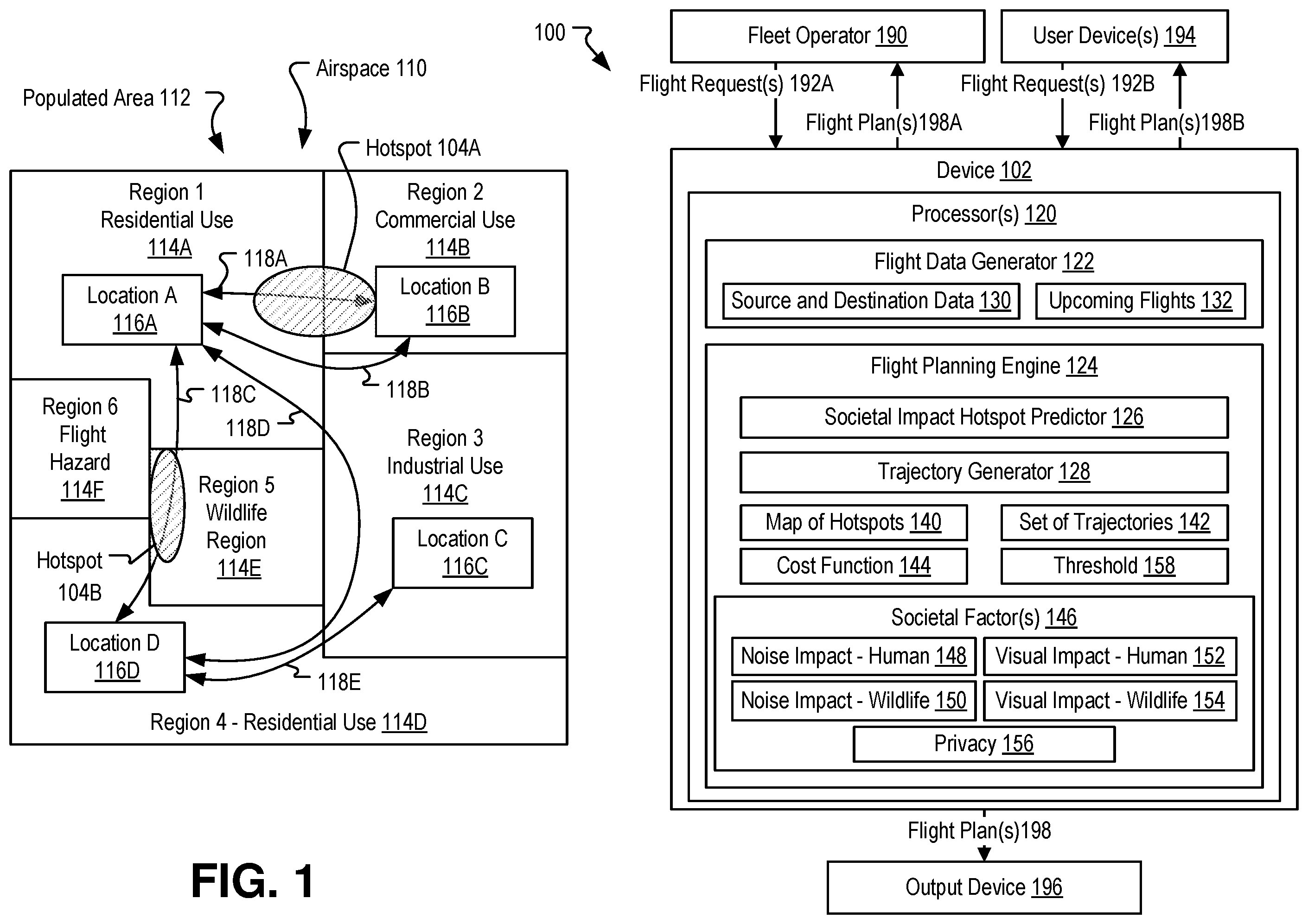 Patent US12586477 Figure 1 – Flight planning based on societal impact considerations