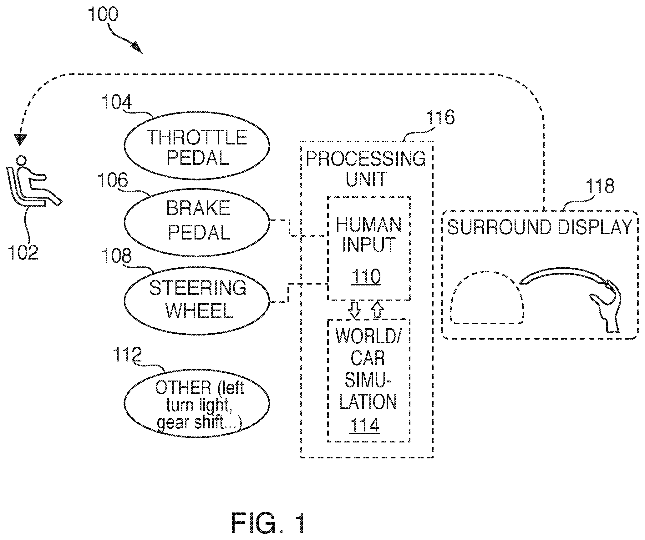 Patent US12586484 Figure 1 – Driving simulator with manual and semi-autonomous modes to acclimate people to automated vehicular features
