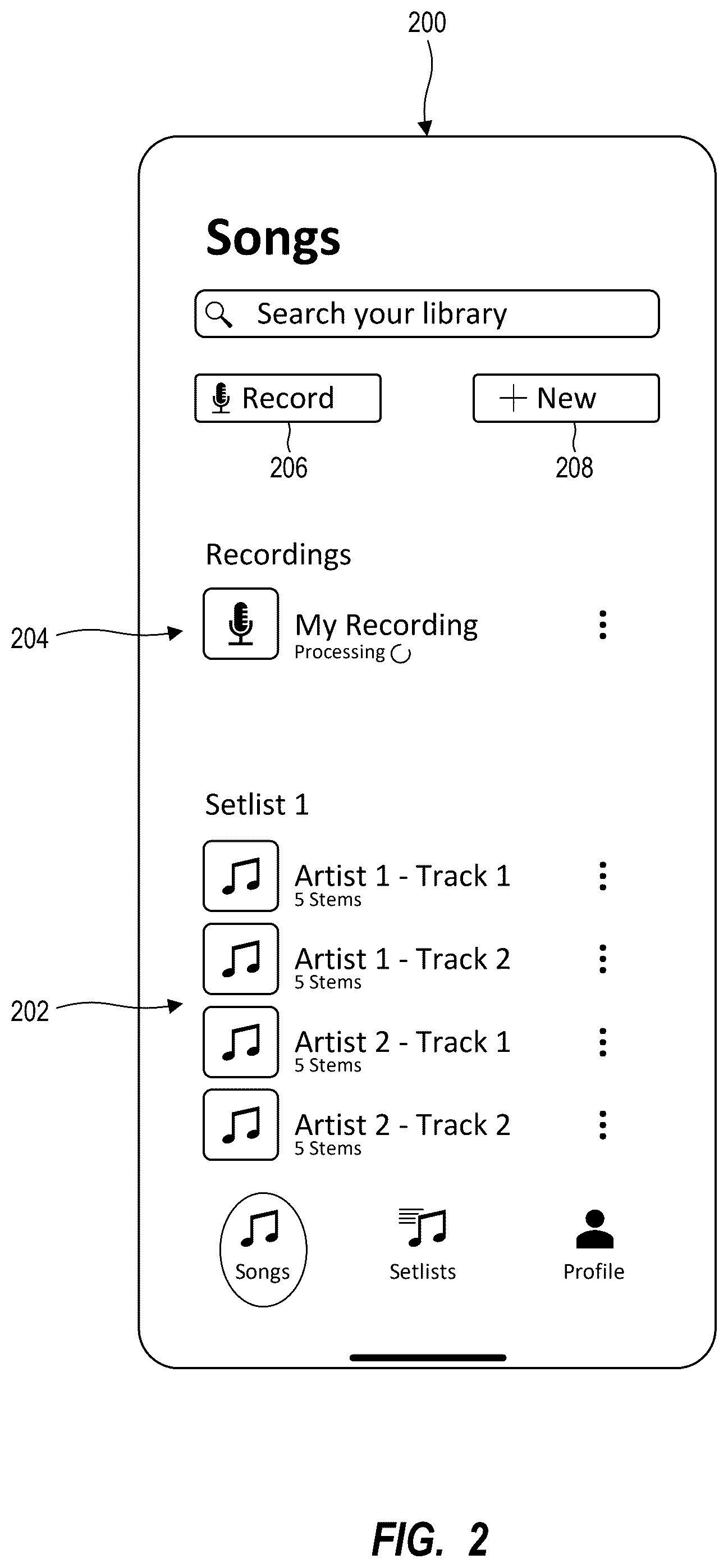 Patent US12586485 Figure 2 – Systems and methods for generating lyrics and chords for user interfaces
