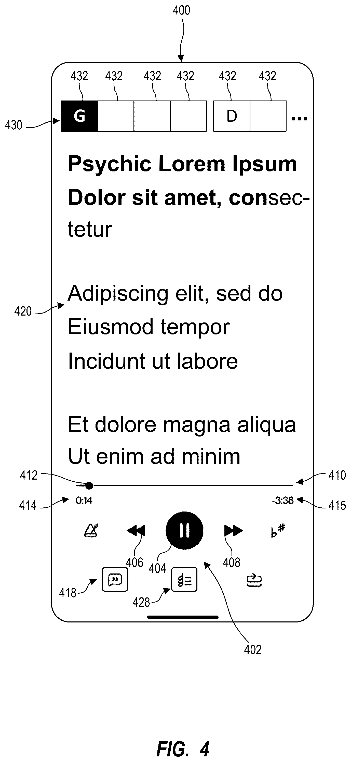 Patent US12586485 Figure 4 – Systems and methods for generating lyrics and chords for user interfaces
