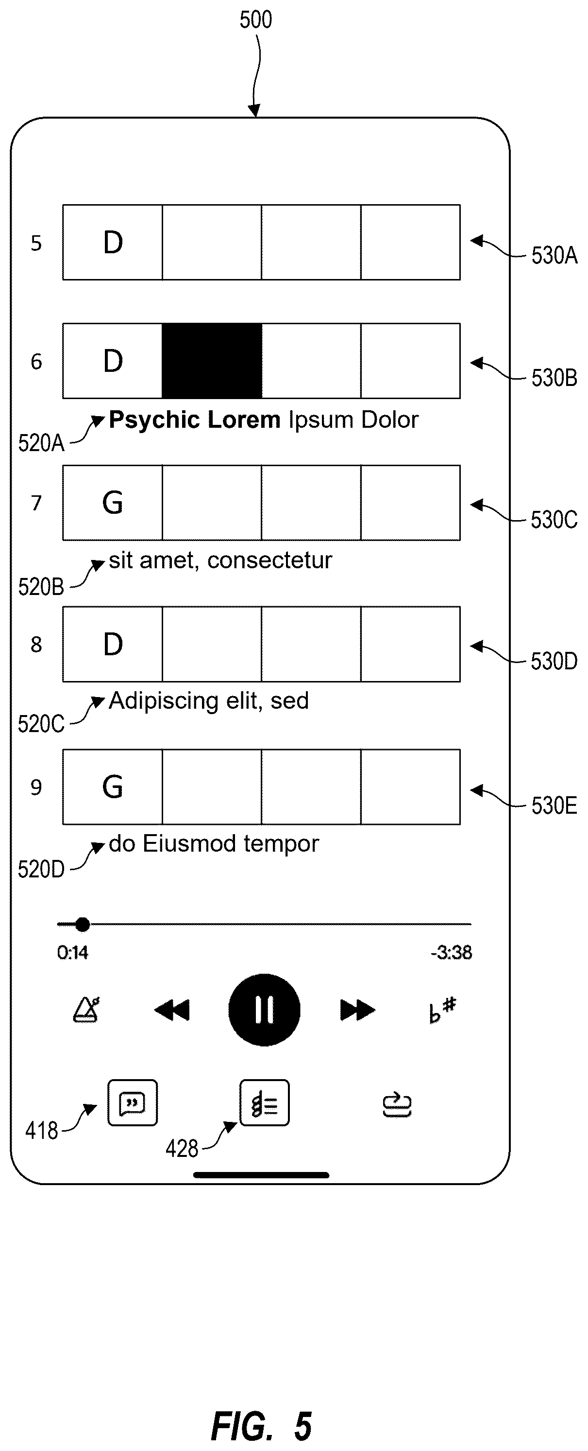 Patent US12586485 Figure 5 – Systems and methods for generating lyrics and chords for user interfaces