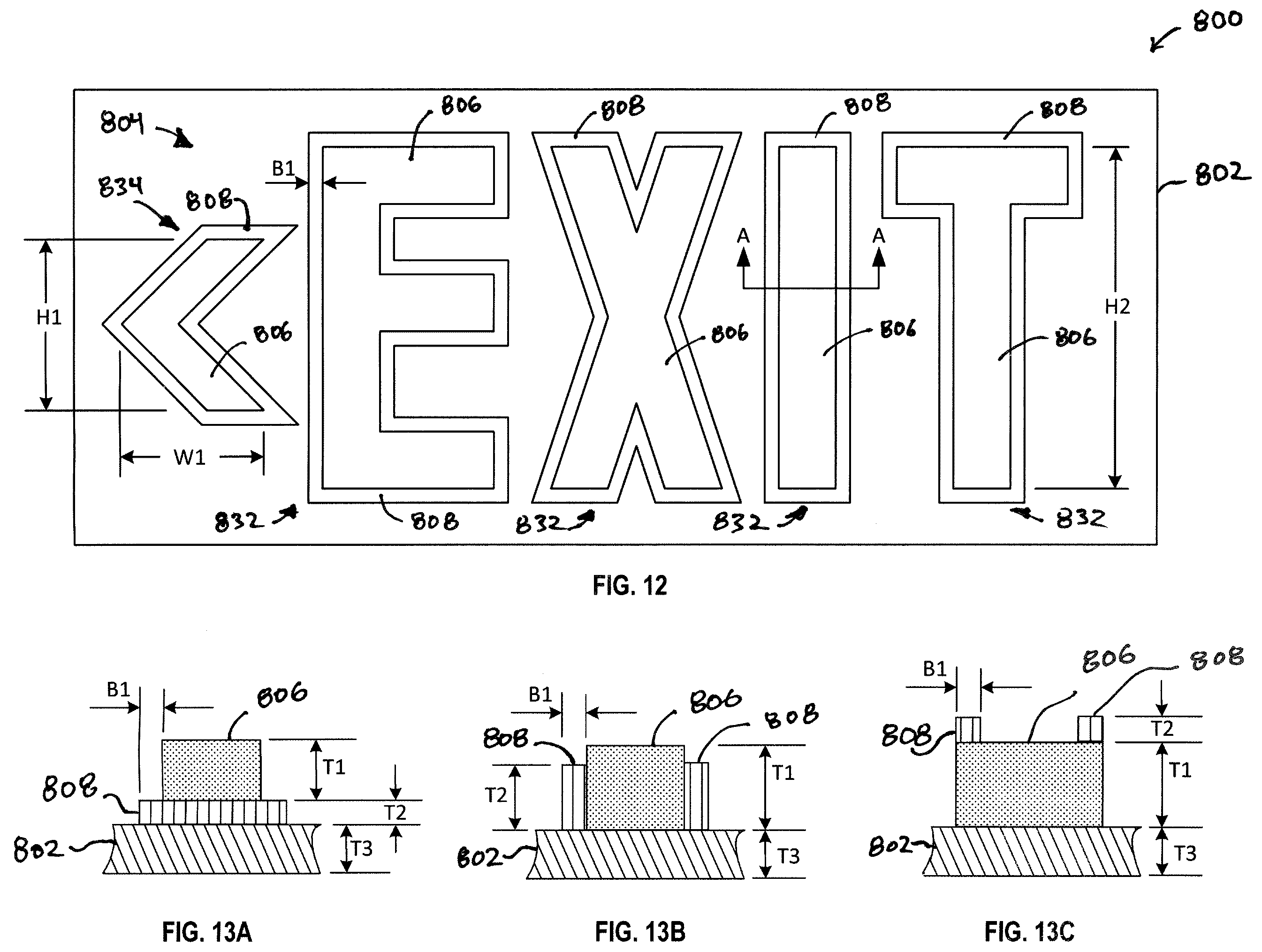 Patent US12586488 Figure 8 – Photoluminescent signage for low light ambient environment