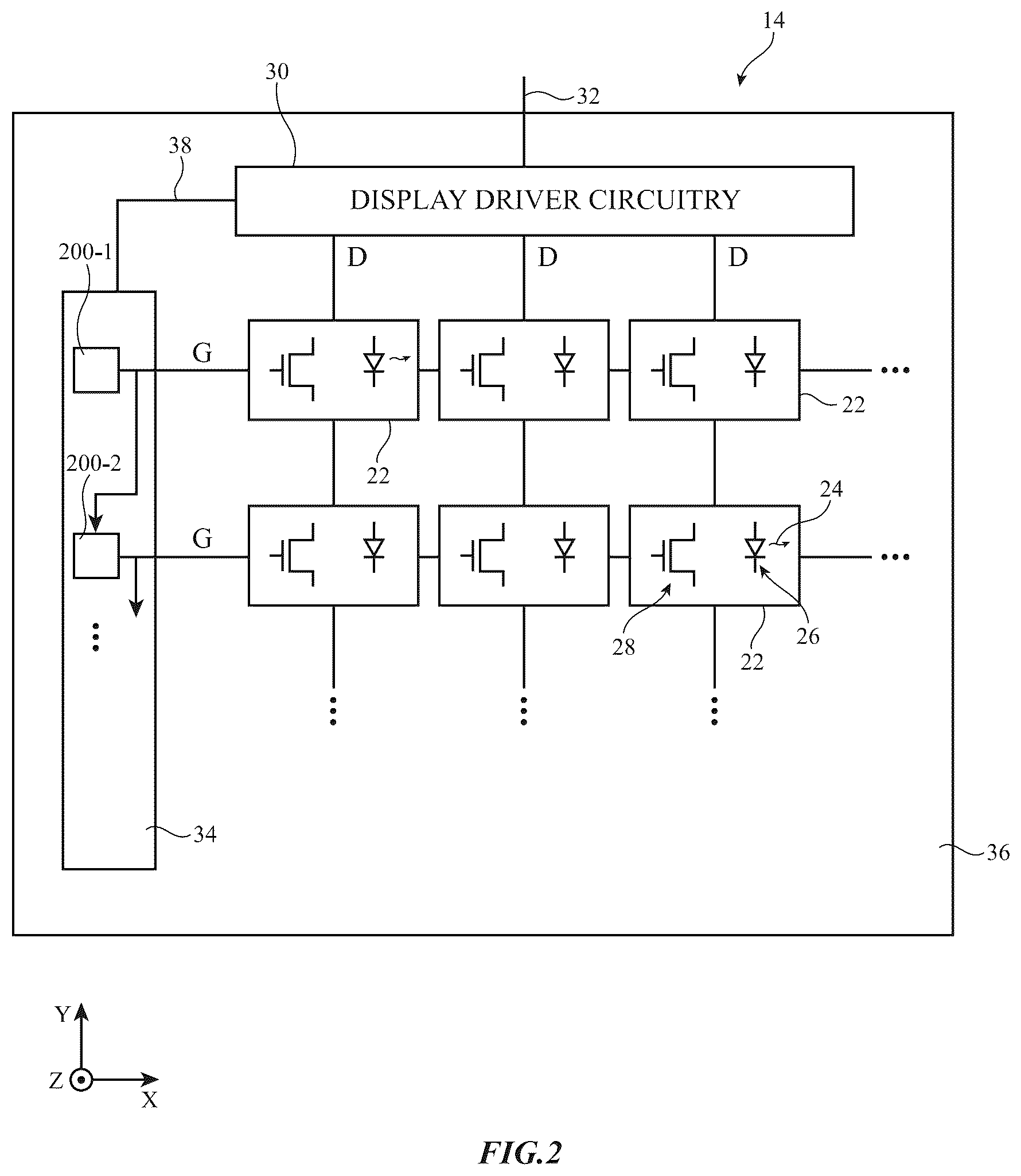 Patent US12586535 Figure 2 – Display having semiconducting oxide gate driver circuitry with bottom gate terminals for reduced leakage