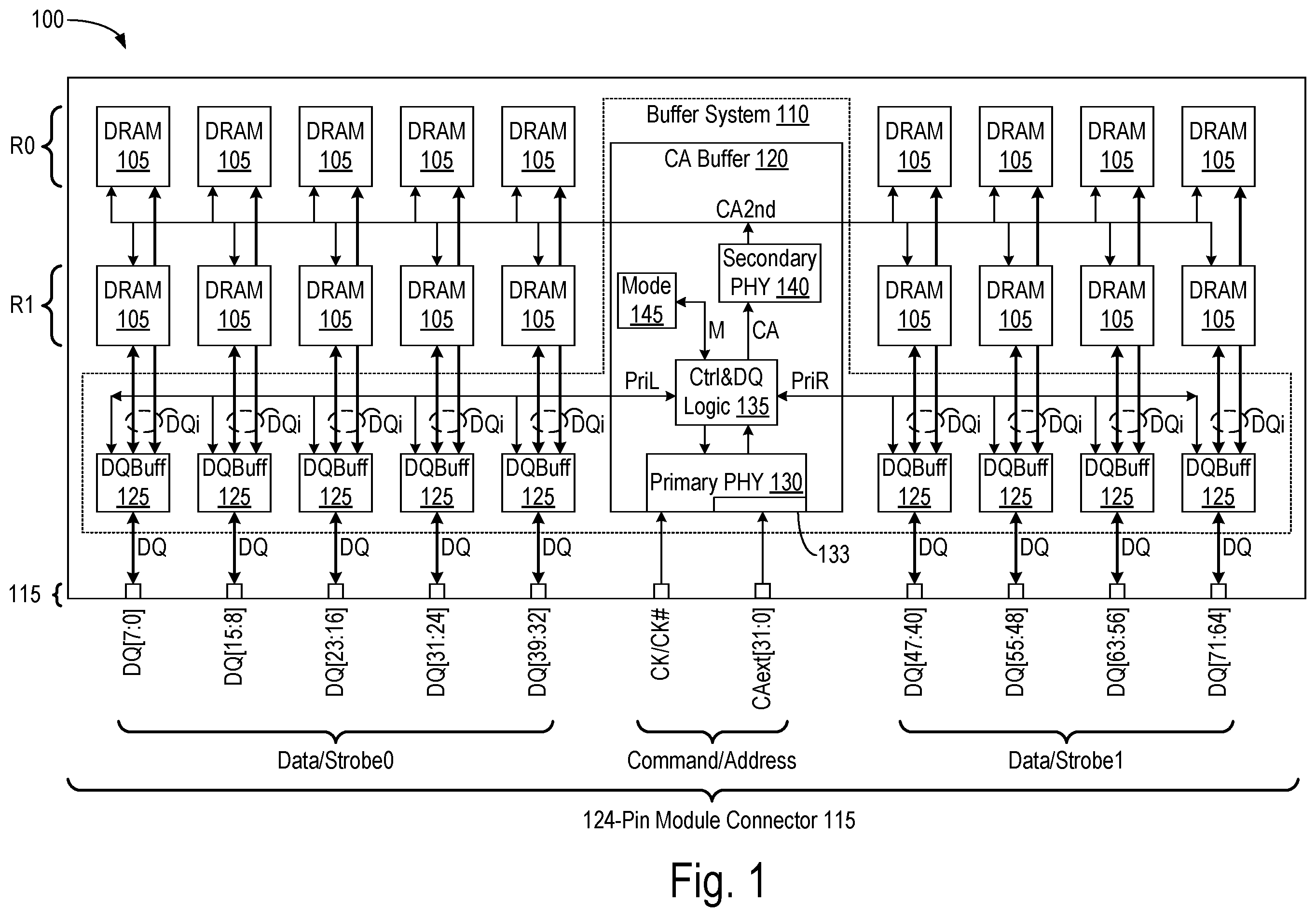 Patent US12586617 Figure 1 – Memory module and system supporting parallel and serial access modes