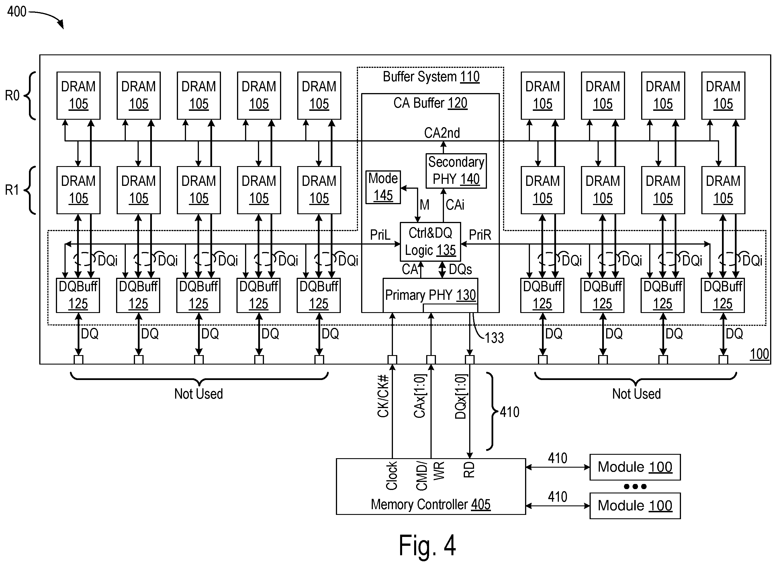 Patent US12586617 Figure 4 – Memory module and system supporting parallel and serial access modes