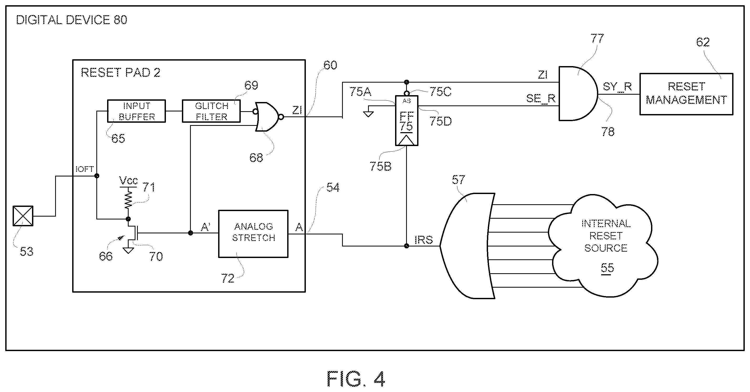 Patent US12586622 Figure 4 – Digital device having a reset pad circuit that may be subject to hacker attack