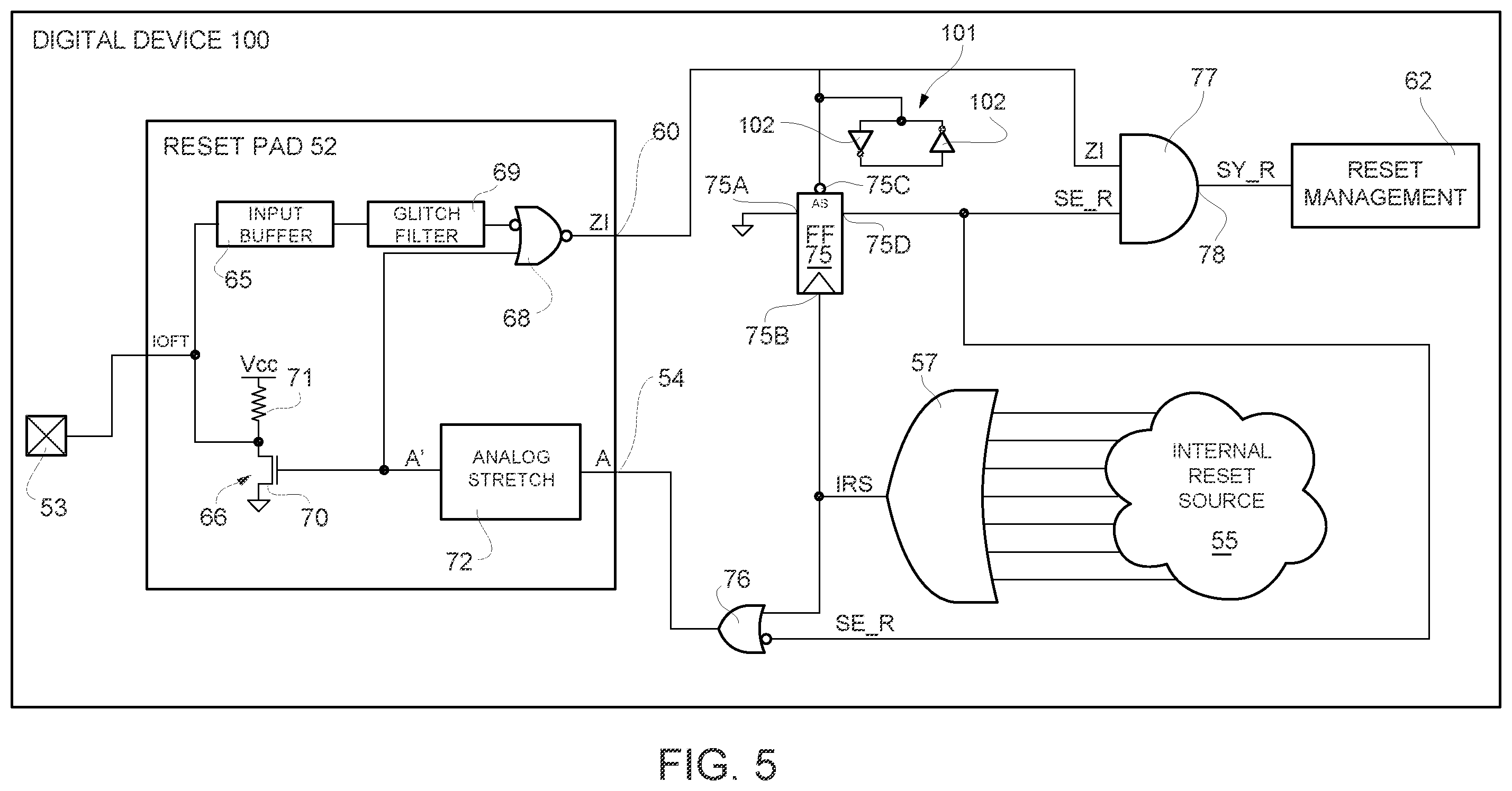 Patent US12586622 Figure 5 – Digital device having a reset pad circuit that may be subject to hacker attack