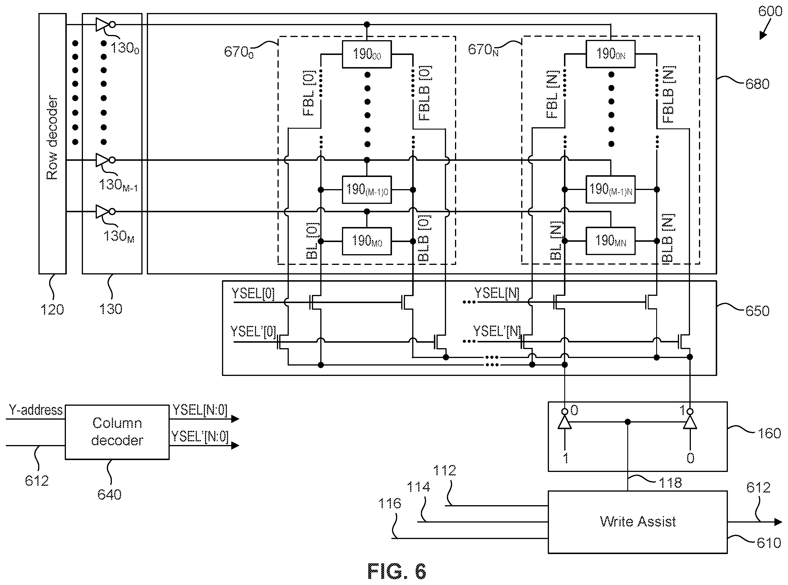 Patent US12586635 Figure 6 – Static random access memory with write assist circuit