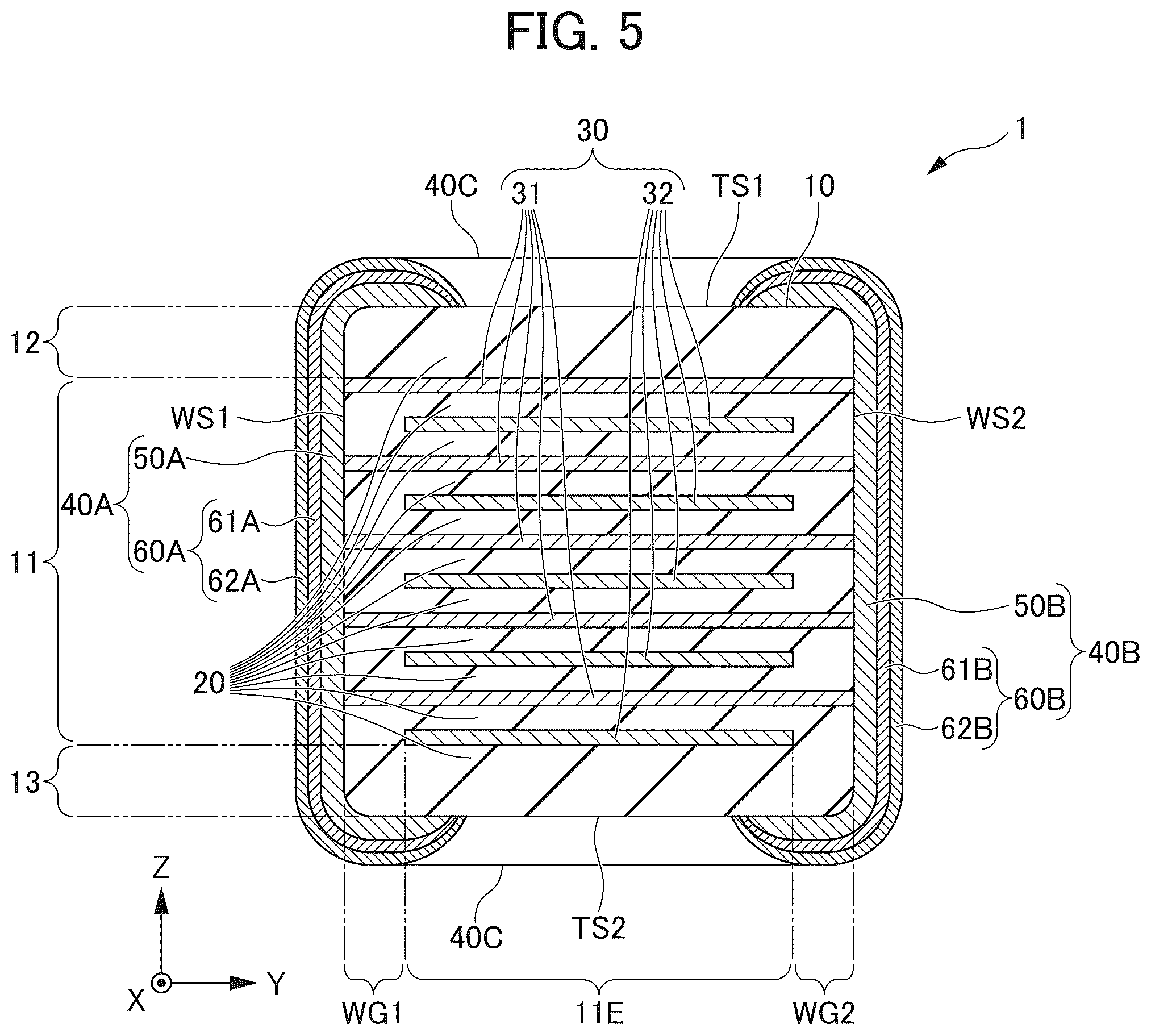 Patent US12586716 Figure 5 – Multilayer ceramic capacitor including internal electrode layers with varying coverages