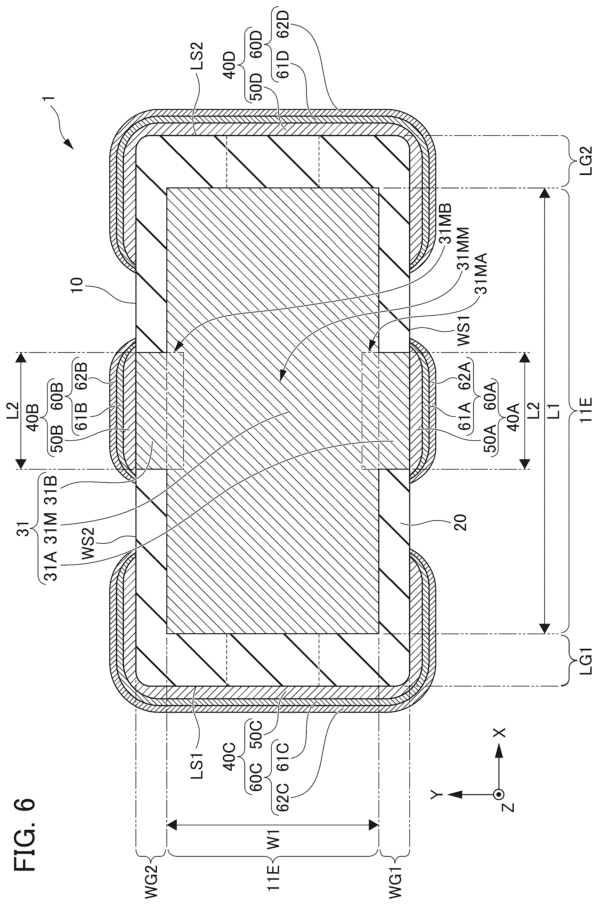 Patent US12586716 Figure 6 – Multilayer ceramic capacitor including internal electrode layers with varying coverages