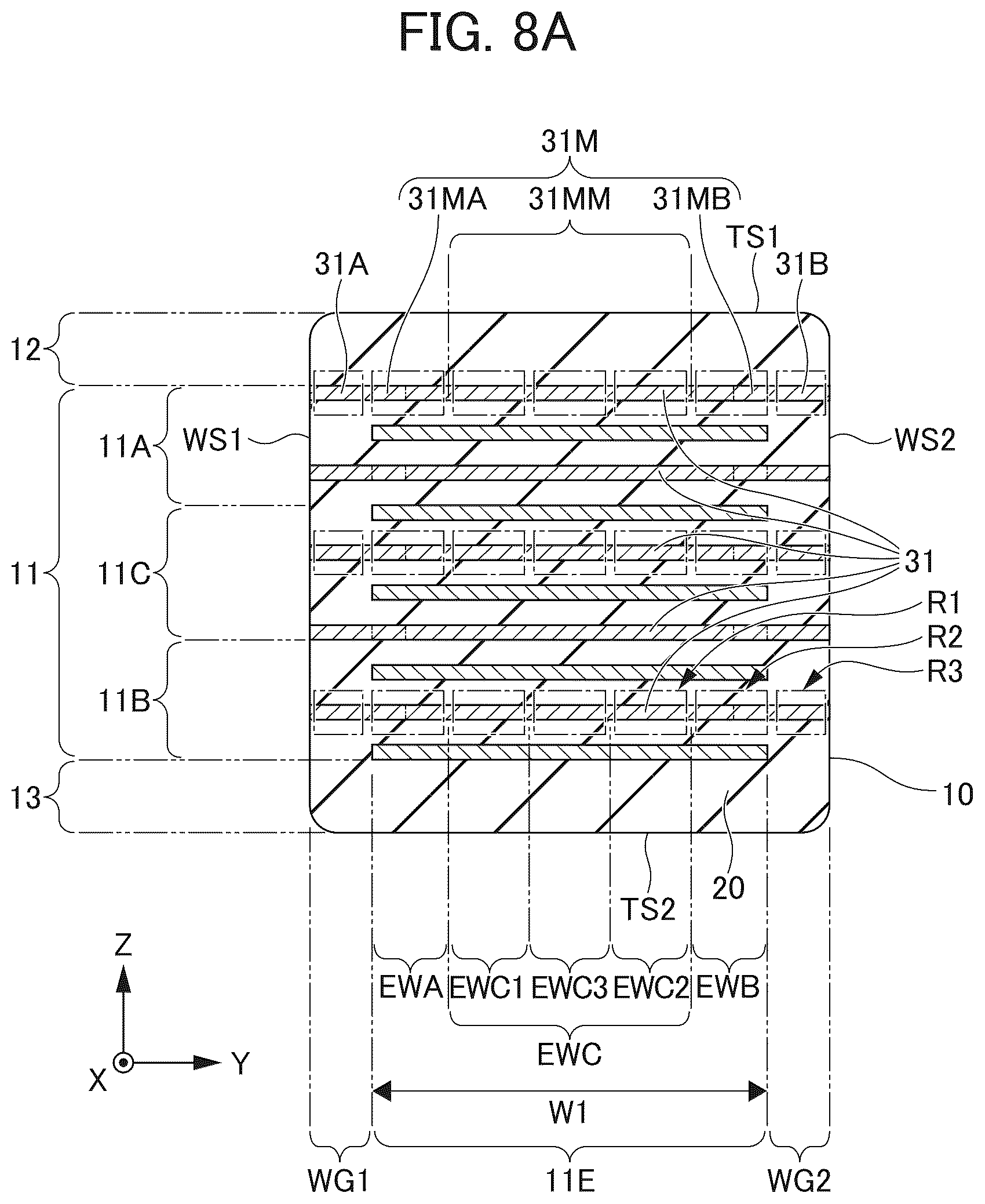Patent US12586716 Figure 8 – Multilayer ceramic capacitor including internal electrode layers with varying coverages