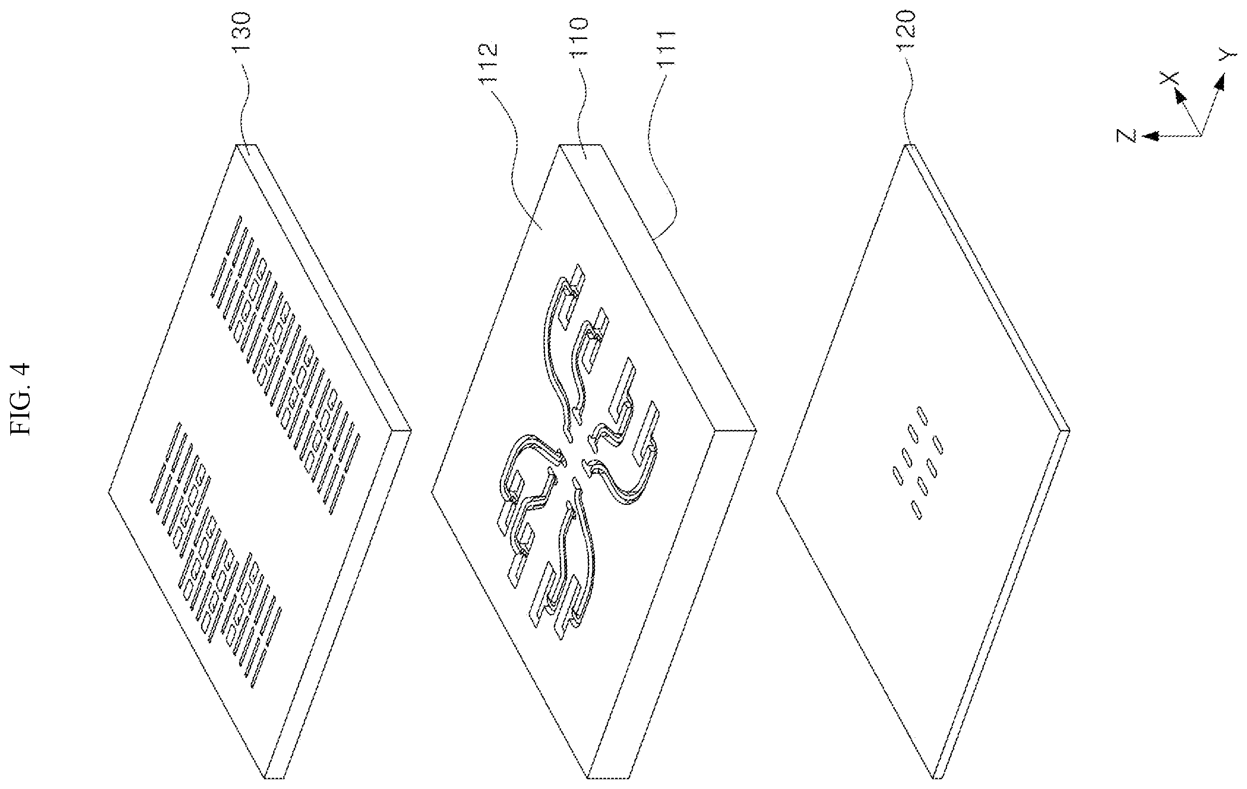 Patent US12586887 Figure 4 – Broadband transition structure with mixed contact and non-contact protrusions