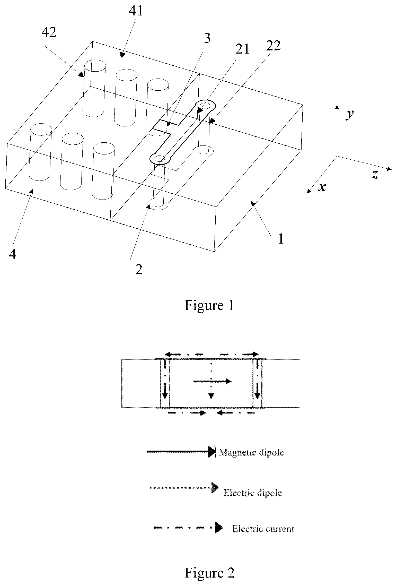 Patent US12586904 Figure 1 – Single-layer broadband vertically polarized endfire magnetoelectric dipole loop antenna and array
