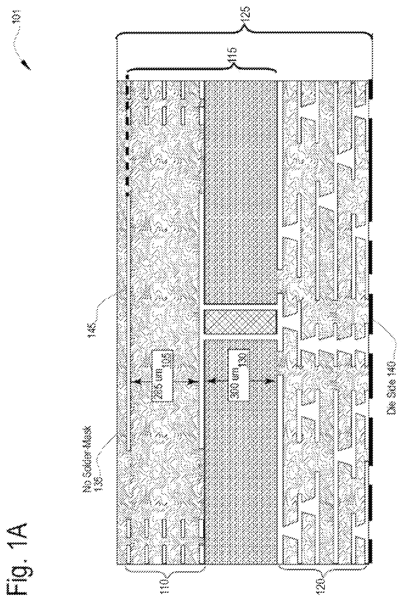 Patent US12586906 Figure 1 – Antenna package using ball attach array to connect antenna and base substrates