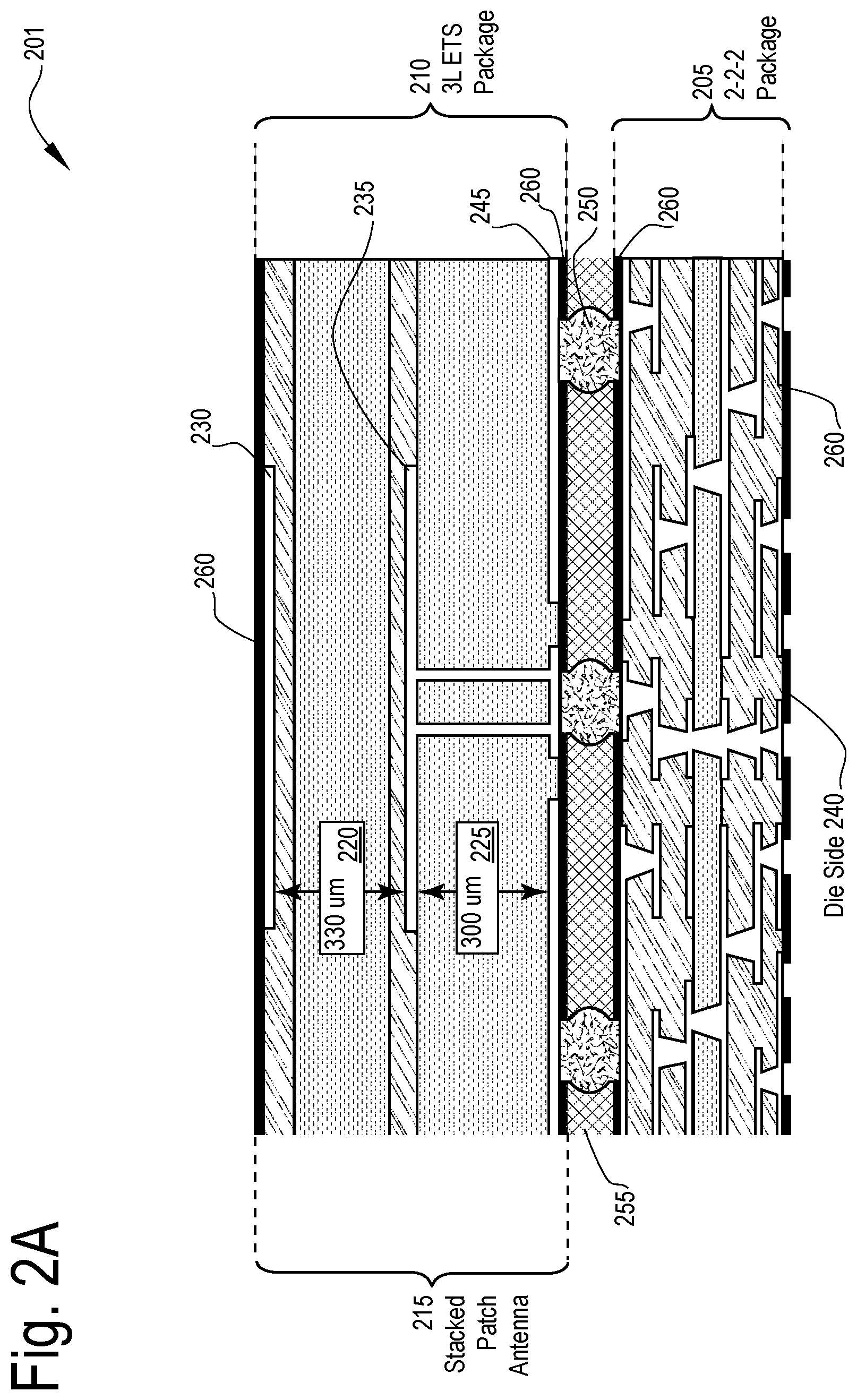 Patent US12586906 Figure 3 – Antenna package using ball attach array to connect antenna and base substrates