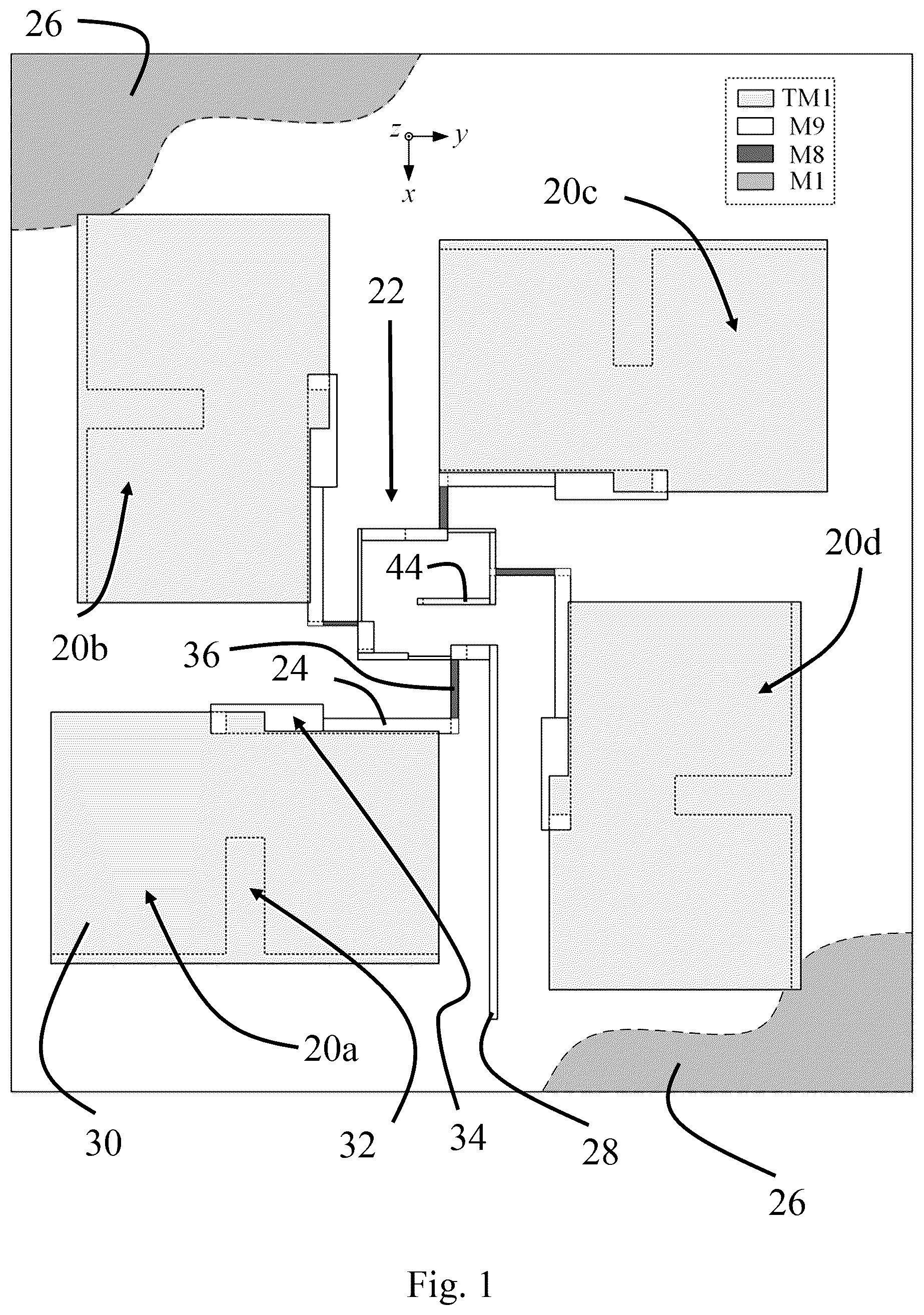 Patent US12586907 Figure 1 – Reactance-loaded sequential-phase feed network for a highly compact wideband on-chip circularly polarized antenna