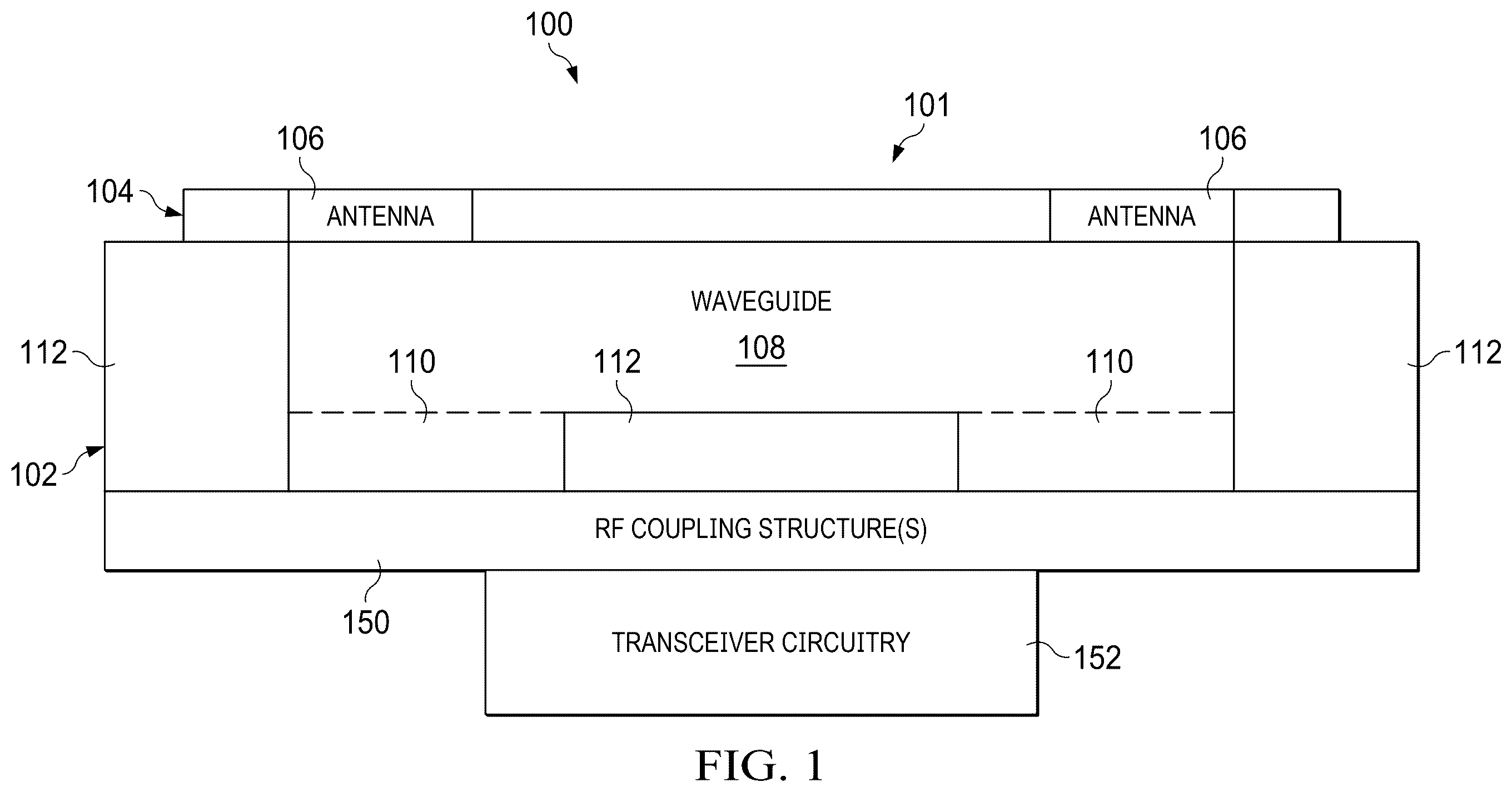 Patent US12586915 Figure 1 – Antenna assembly with metallized cavity waveguide